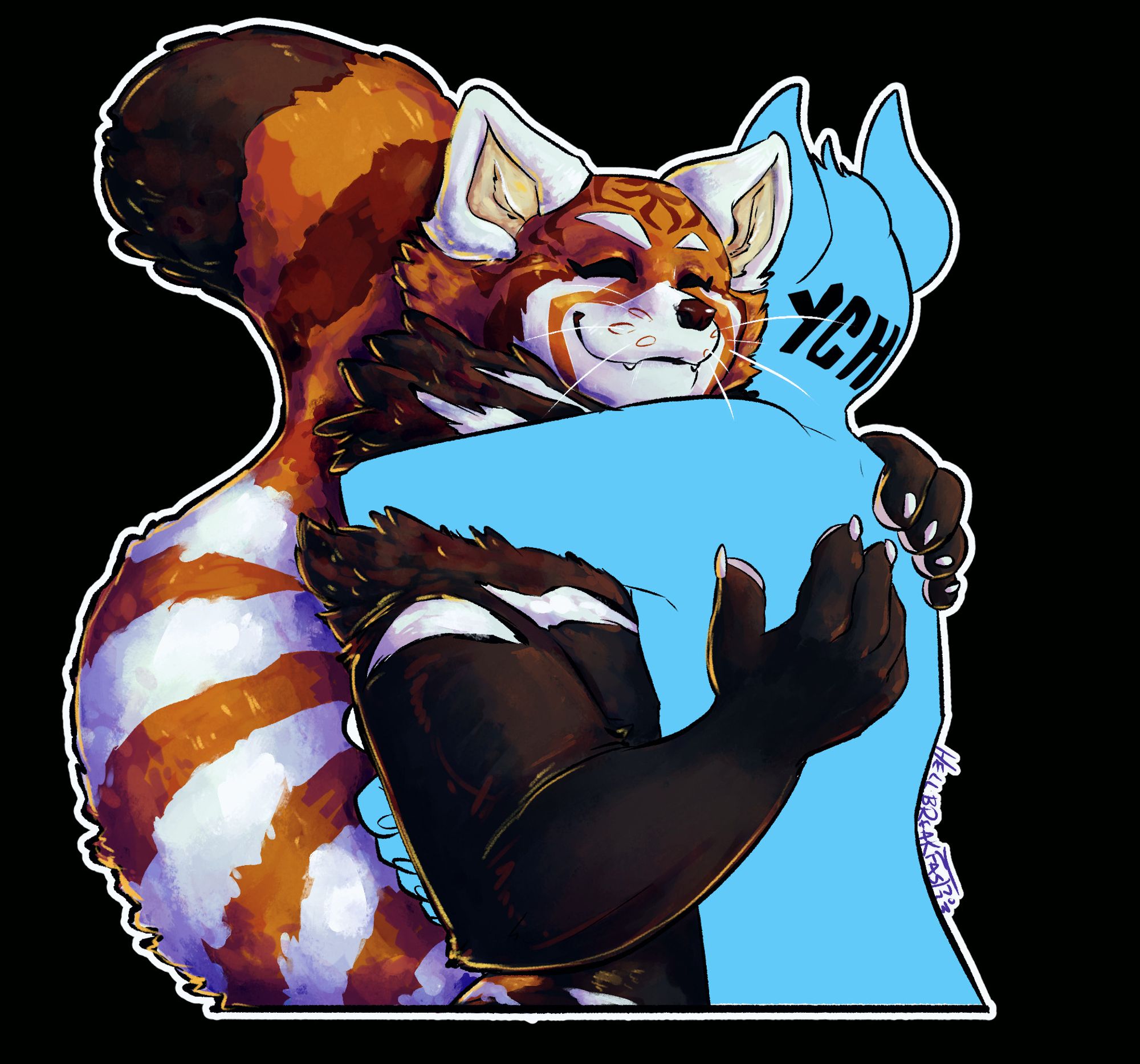 Red panda with tiger-like facial markings hugging a blue figure titled "YCH" (your character here) by HELLBREAKFAST