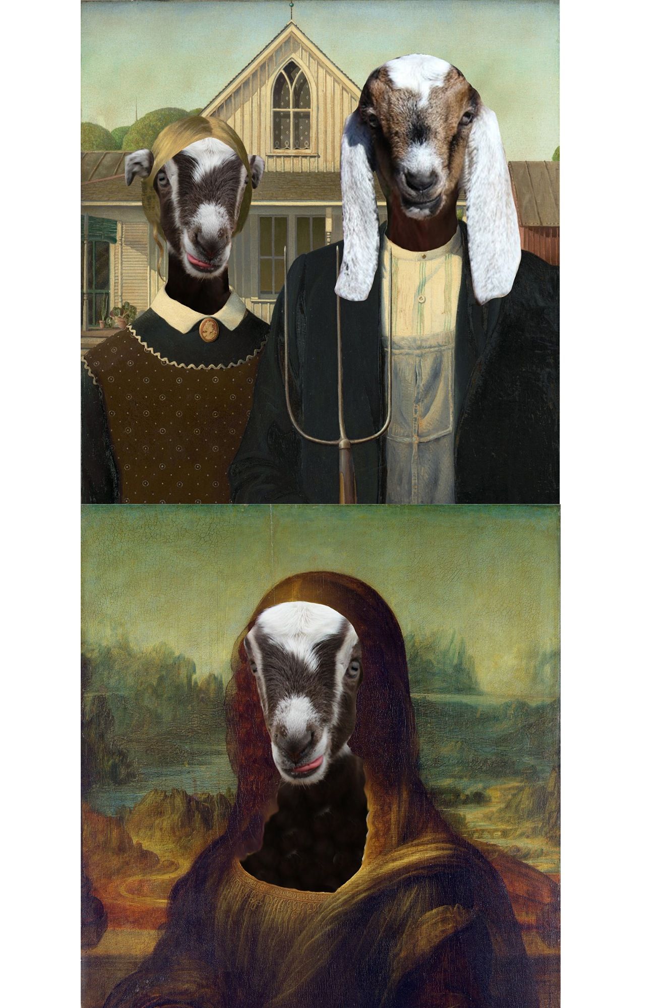 Famous works of art edited to have goat heads:
American Gothic
Mona Lisa