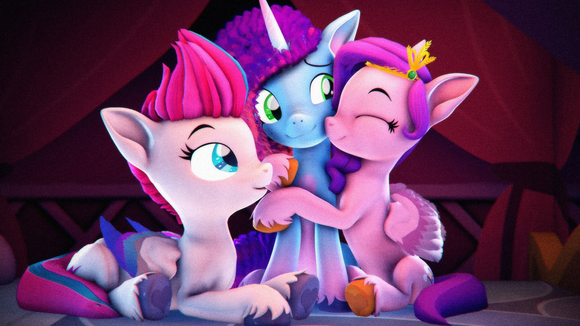 3D artwork of My Little Pony characters. Misty Brightdawn sits between Zipp Storm and Pipp Petals, smiling as the latter gives her a hug and nuzzle on the cheek.