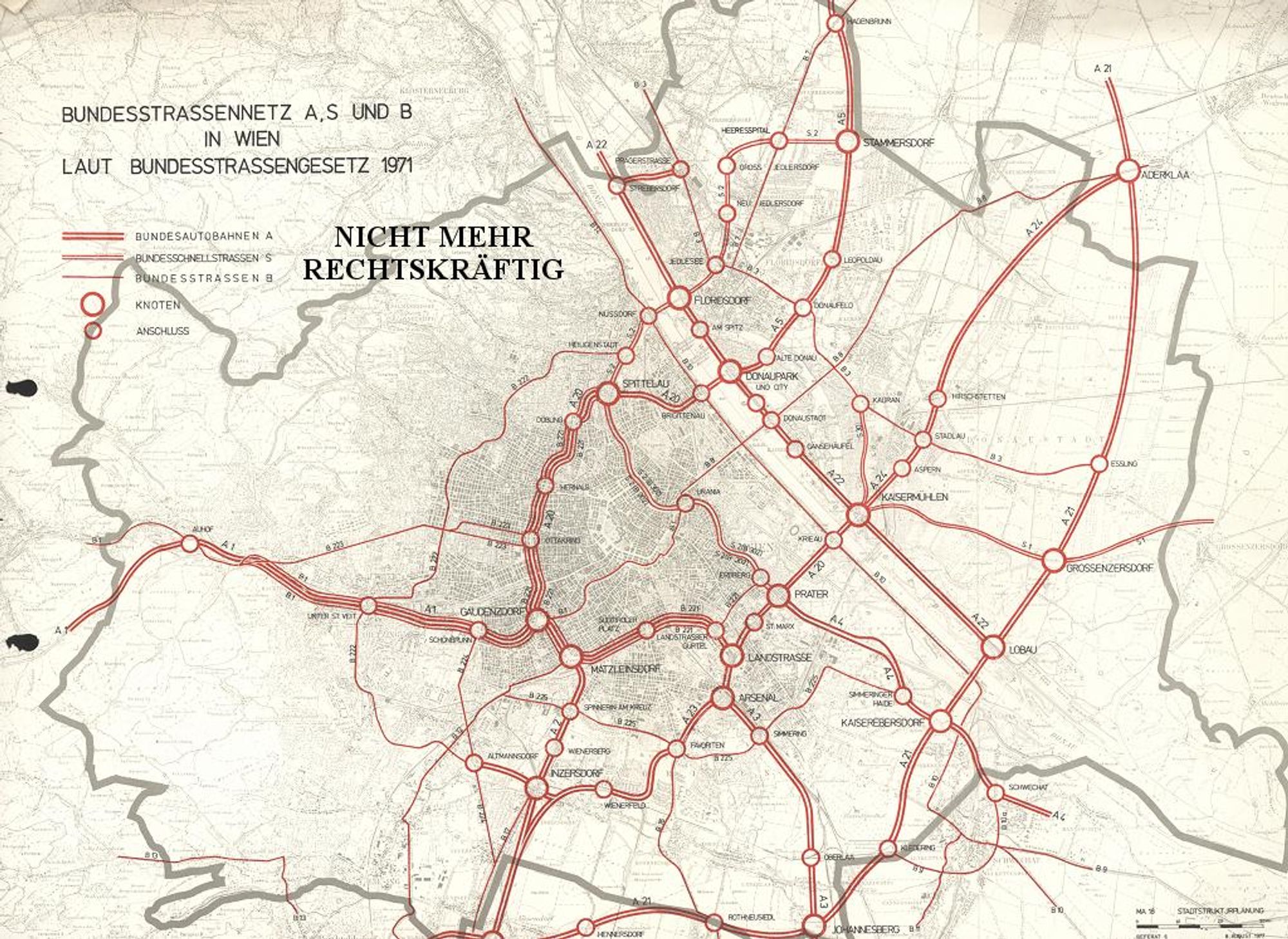 Grafik mit einer groben Karte Wiens und den zahlreichen 1971 geplanten Stadtautobahnen.
Quelle: https://www.wien.gv.at/stadtentwicklung/projekte/verkehrsplanung/strassen/bundesstrassen/bundesstrassen-1971.html