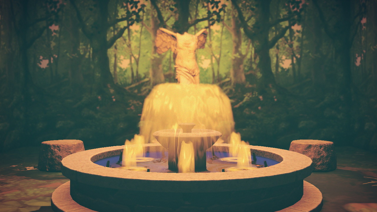 Animal Crossing: New Horizons screenshot. Image taken with a dramatic filter shows a wooded area with a gorgeous stone fountain in the middle and a statue of an angel with no head or arms. There are stone seats surrounding the fountain.