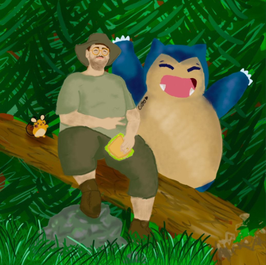 BigUkena sitting on a log surrounded by his favourite pokemon