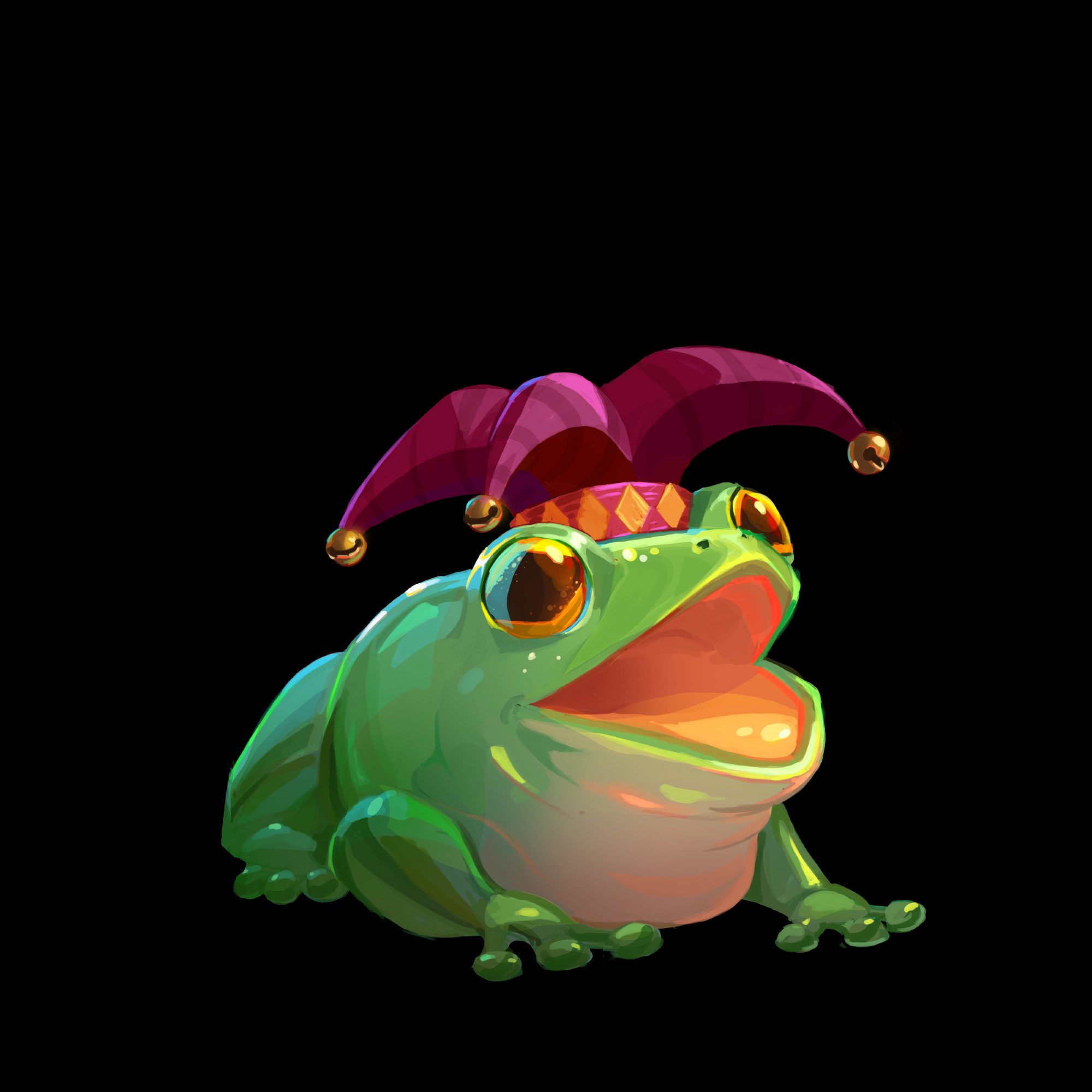 Digital art painting of a green frog wearing a jester hat, smiling and happy