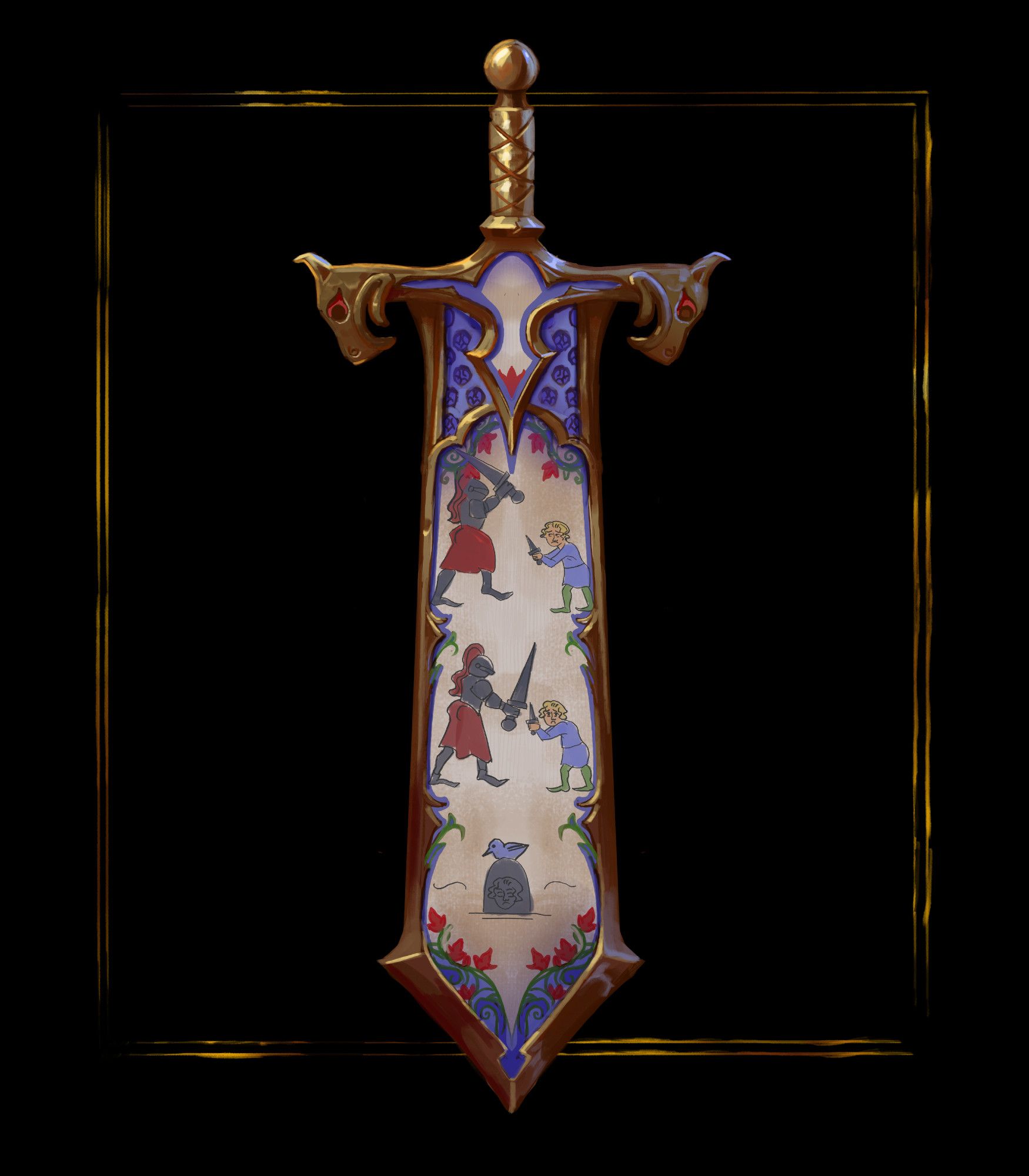 A digitally rendered sword with silly drawings on top.