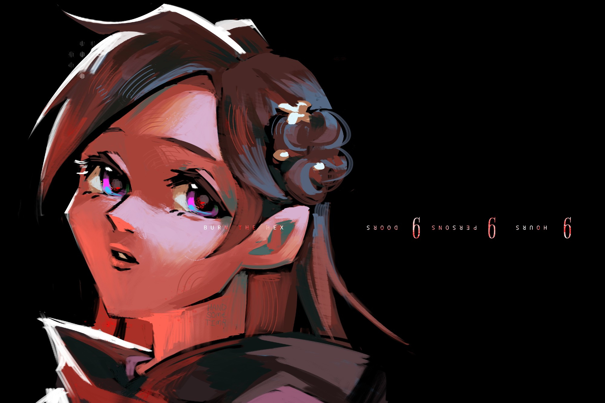 Digital fan art of Akane Kurashiki from Zero Escape: 9 hours, 9 persons, 9 doors. The piece is a headshot of Akane. She is looking at the viewer with a vaguely wistful expression, her lips parted. A red light illuminates her bottom-right, while a weak blue light is coming from her top-left. White rim light contrasts her silhouette against the solid black background. Small white text with red grime in all caps is overlayed over the piece, the words "BURN THE HEX" on her cheek and upside-down text reading "9 HOURS 9 PERSONS 9 DOORS" which can be read as the number 6 6 6. The art is painterly with a mixture of solid, textured and soft brushes.