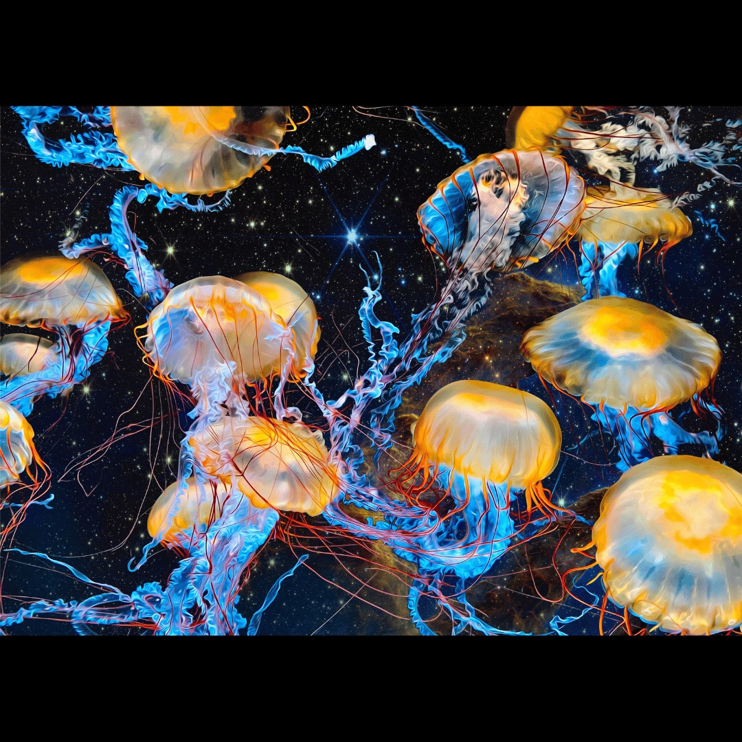 Photo of Pacific Sea Nettle jellyfish edited to be reminiscent of an oil painting.