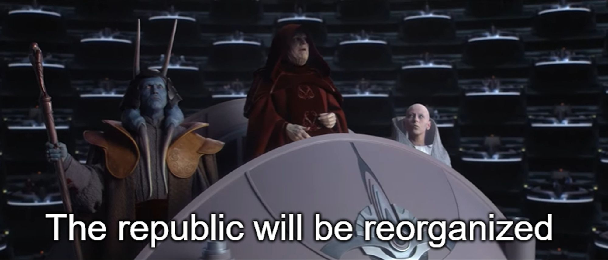 Supreme Chancellor Palpatine addressing the Galactic Senate, giving his Declaration of a New Order