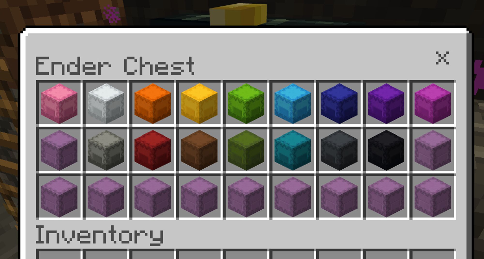 An Ender Chest filled completely with all different color combos of Shulker boxes--including 'Shurple' (the undyed Shulker Purple color)

Three rows of nine:
top row: pink, white, orange, yellow, lime green, light blue, blue, purple, magenta
middle row: Shurple, light grey, red, brown, green, cyan, dark grey, black, Shurple
bottom row: [all nine Shurple]