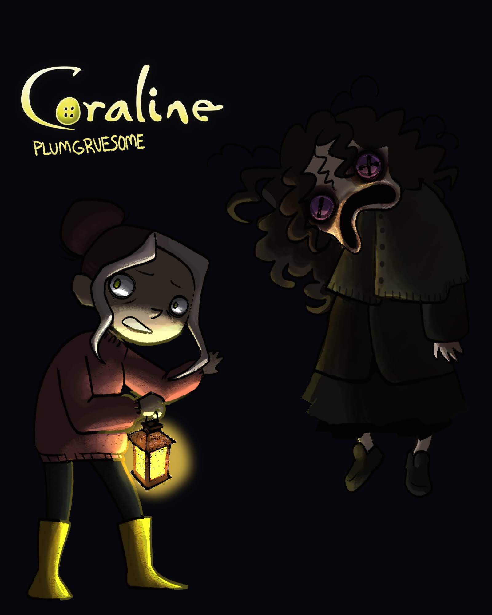 a girl holding a lantern. a person (me) floating in the air w buttons for eyes and a large frown. coraline universe.