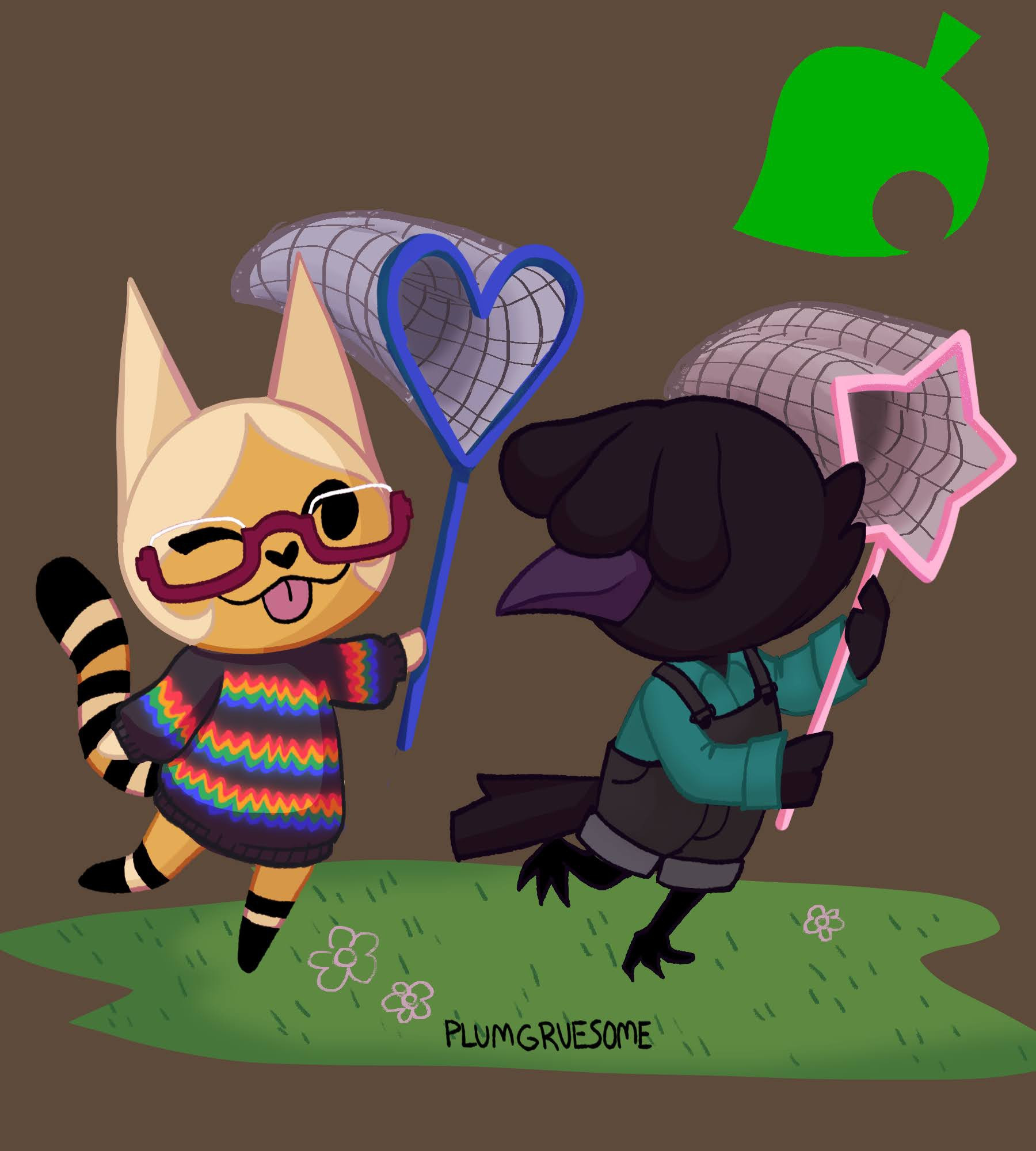 my friend as a yellow cat and me as a raven in animal crossing, holding a heart and star shaped net