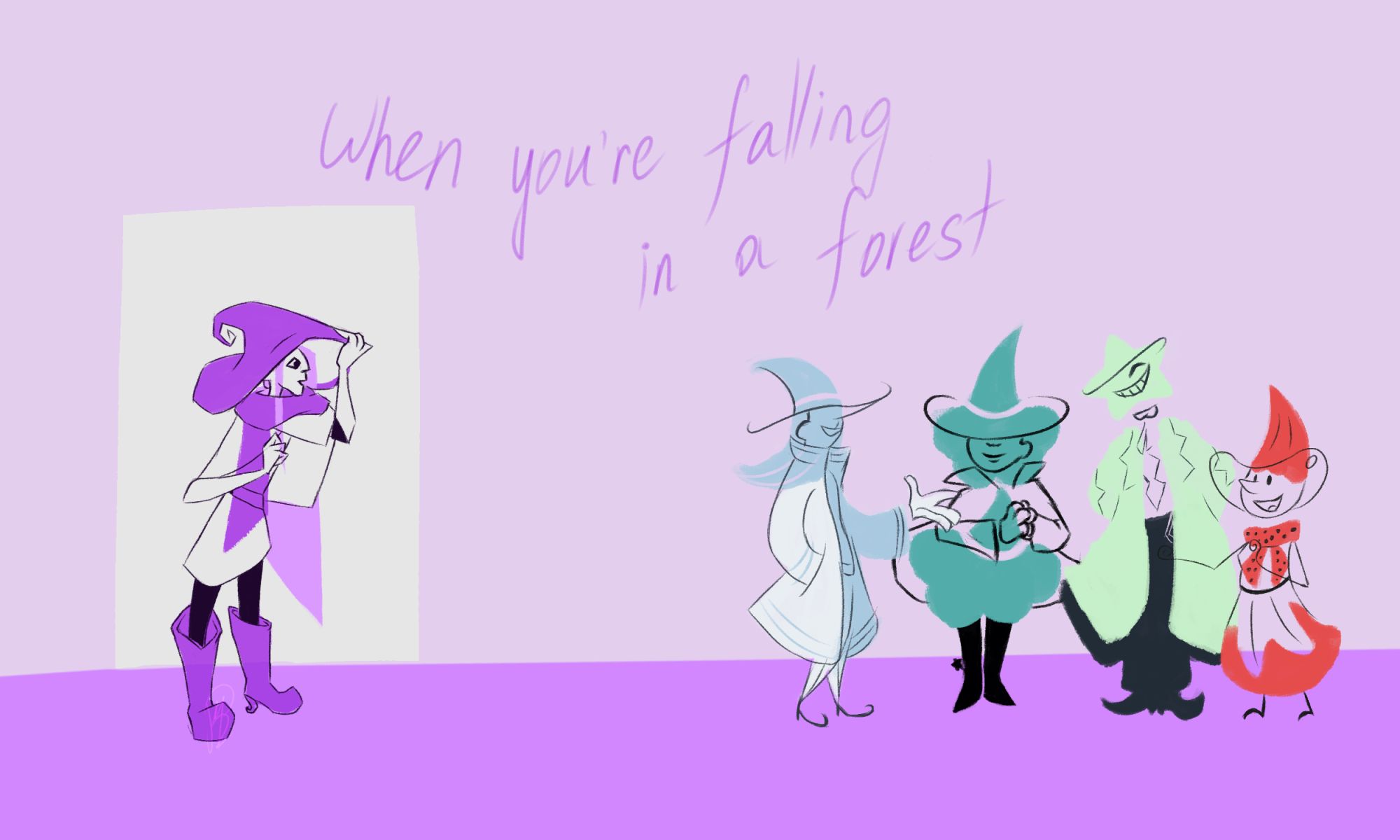 a digital comic panel in the style of UPA animation. four multicolored witches stand near right side of panel, chatting between themselves. Myca, a lavender colored witch with long pale hair, huge hat resembling a mushroom cap, white tunic and chunky boots, is standing aside, looking excitedly. he is framed in what looks like a doorway. a line between Myca and the witches spells "When you're falling in a forest"