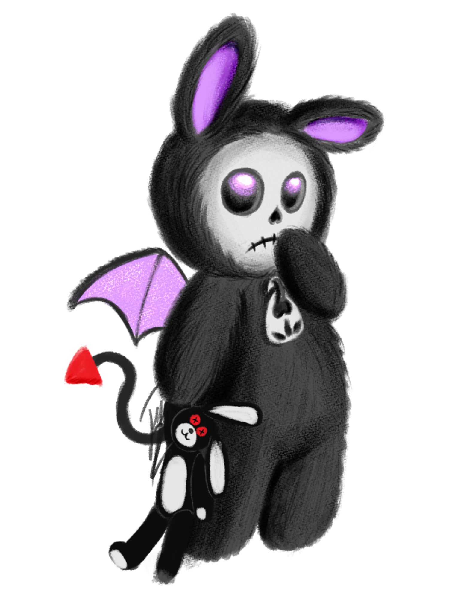 a digital drawing of a cartoony bipedal anthropomorphic creature. it looks like it's wearing a fuzzy black jumpsuit with bunny ears, bat wings on the back and thin tail with pointy red tip. on the chest there's a large zipper head with ouija pointer-shaped puller. the "face" is skeletal in appearance with hollow glowing eyes. it's standing in a childish pose, one paw raised to the mouth while another is clutching a paw of a stuffed black rabbit with red button eyes.