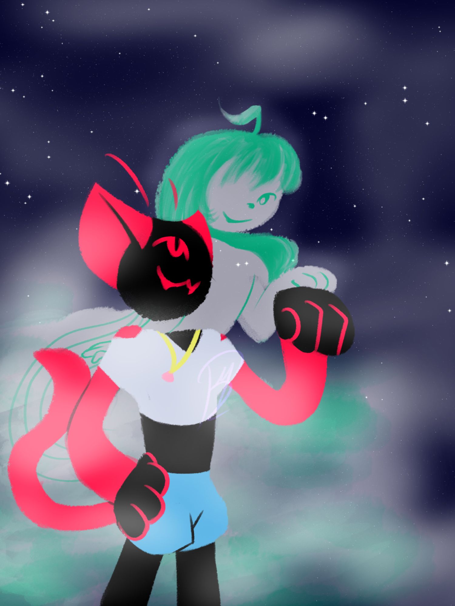 a digital drawing of Axis, black-pink anthro cat, and Tunne, white ghost. Axis is standing confidently in the front, hand on hip, and holding up another hand for Tunne to tap/fistbump. Tunne is floating behind Axis, half-transparent and foggy, and is tapping his fist with her hand.