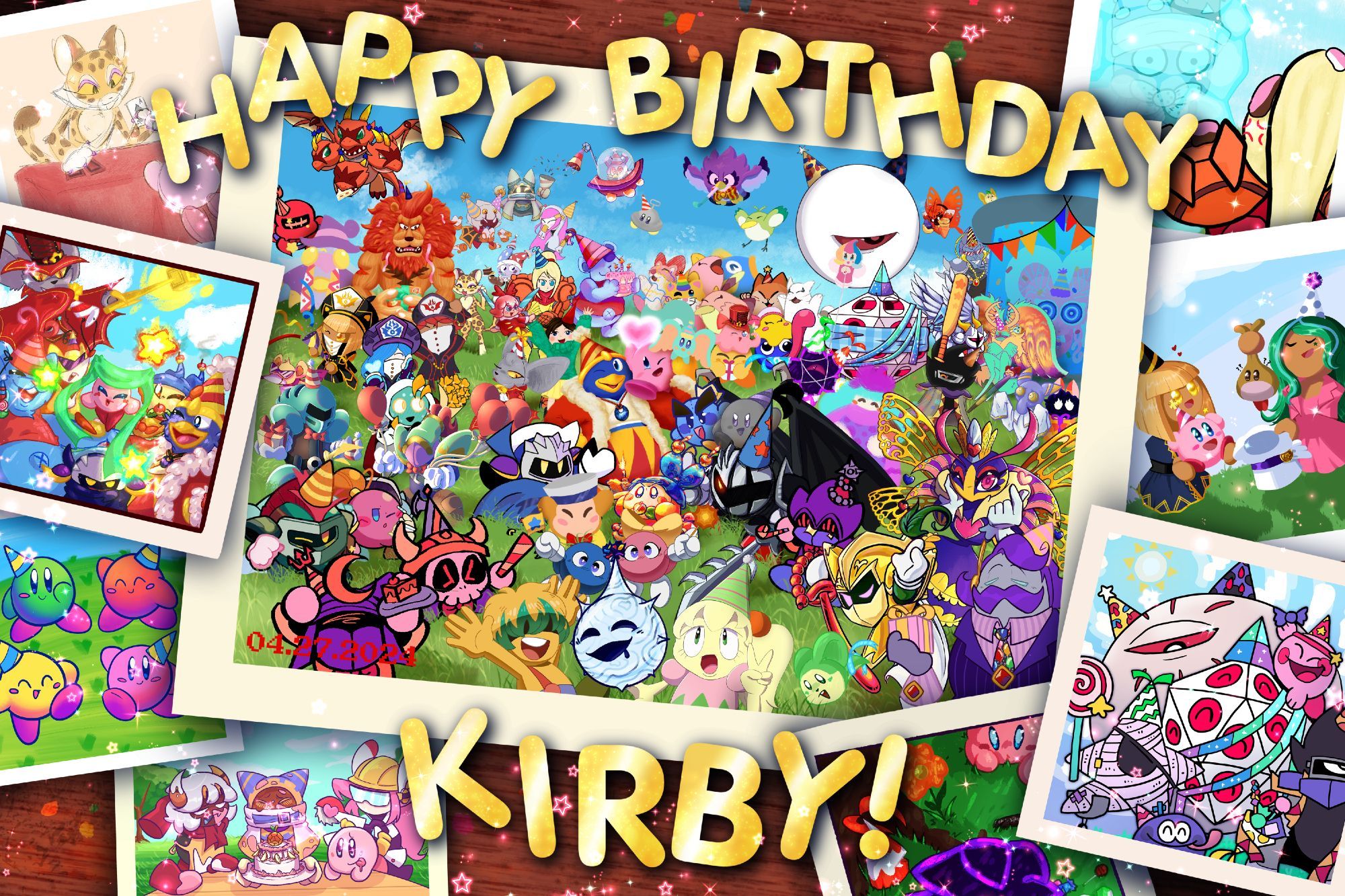 a digital drawing of several photographs of Kirby series characters celebrating Kirby's birthday - eight small polaroid pictures, and one big in the middle. the polaroids depict various activities on Kirby's birthday. the center picture depicts MOST of Kirby series characters in a mass group photo - notably, all Dream Friends, Squeak Squad, all Animal Friends and their companions, the whole Dark Matter clan (sans Zero2), Meta-Knights and even anime characters like GSA and Tiff with Tuff are present. there's simply too many to describe all. the main photo is dated 04/27/2024. over all the pictures there's gilded tinfoil letters scattered along with pink glitter, spelling "HAPPY BIRTHDAY KIRBY!"