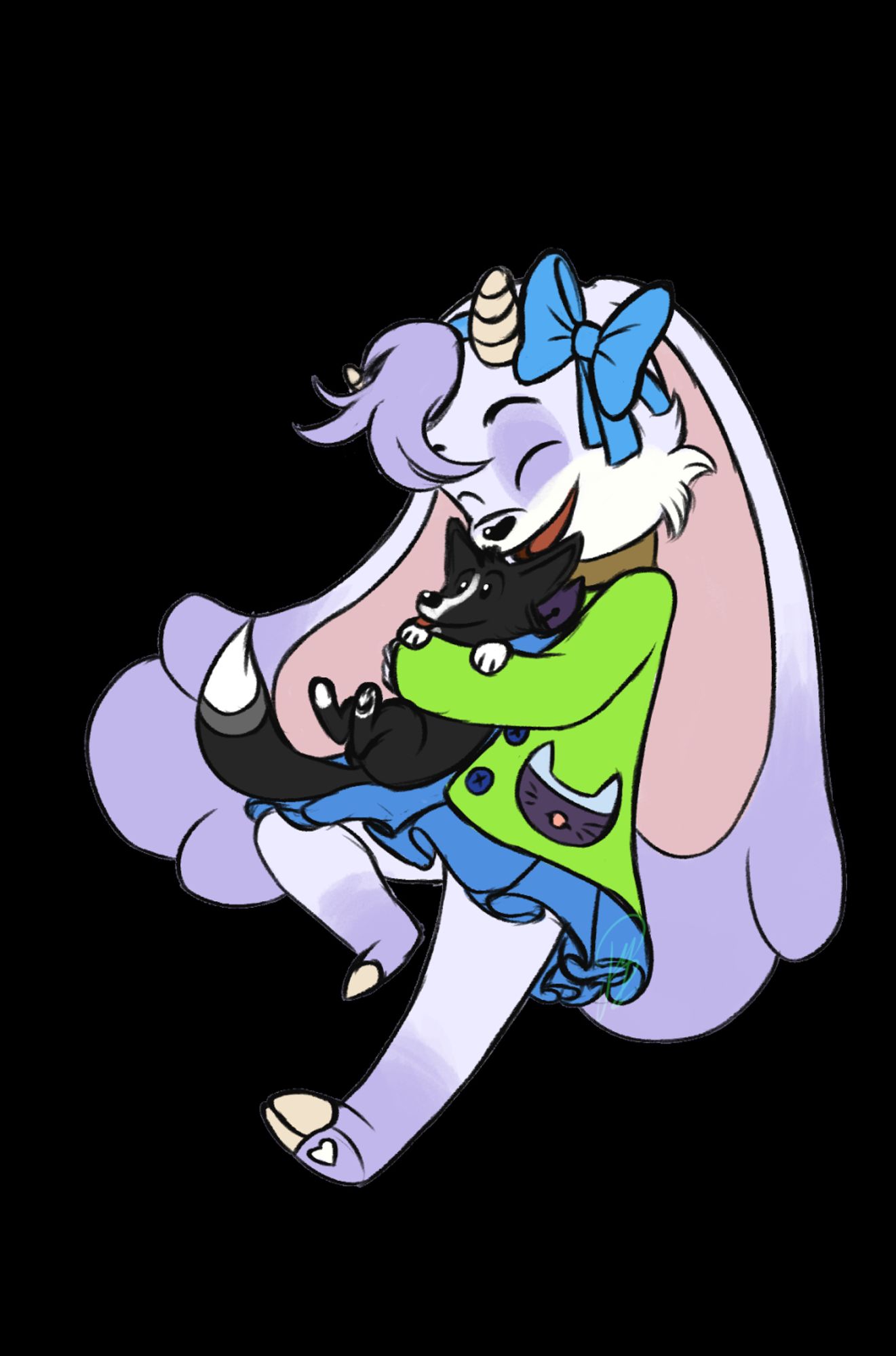 a digital drawing of Billie, lavender-gray anthro goat kid from Billie Bust Up. she's dressed as Bow Kid from A Hat in Time and is mid-twirl, holding Oscar (colored a la tuxedo black cat) in a hug.