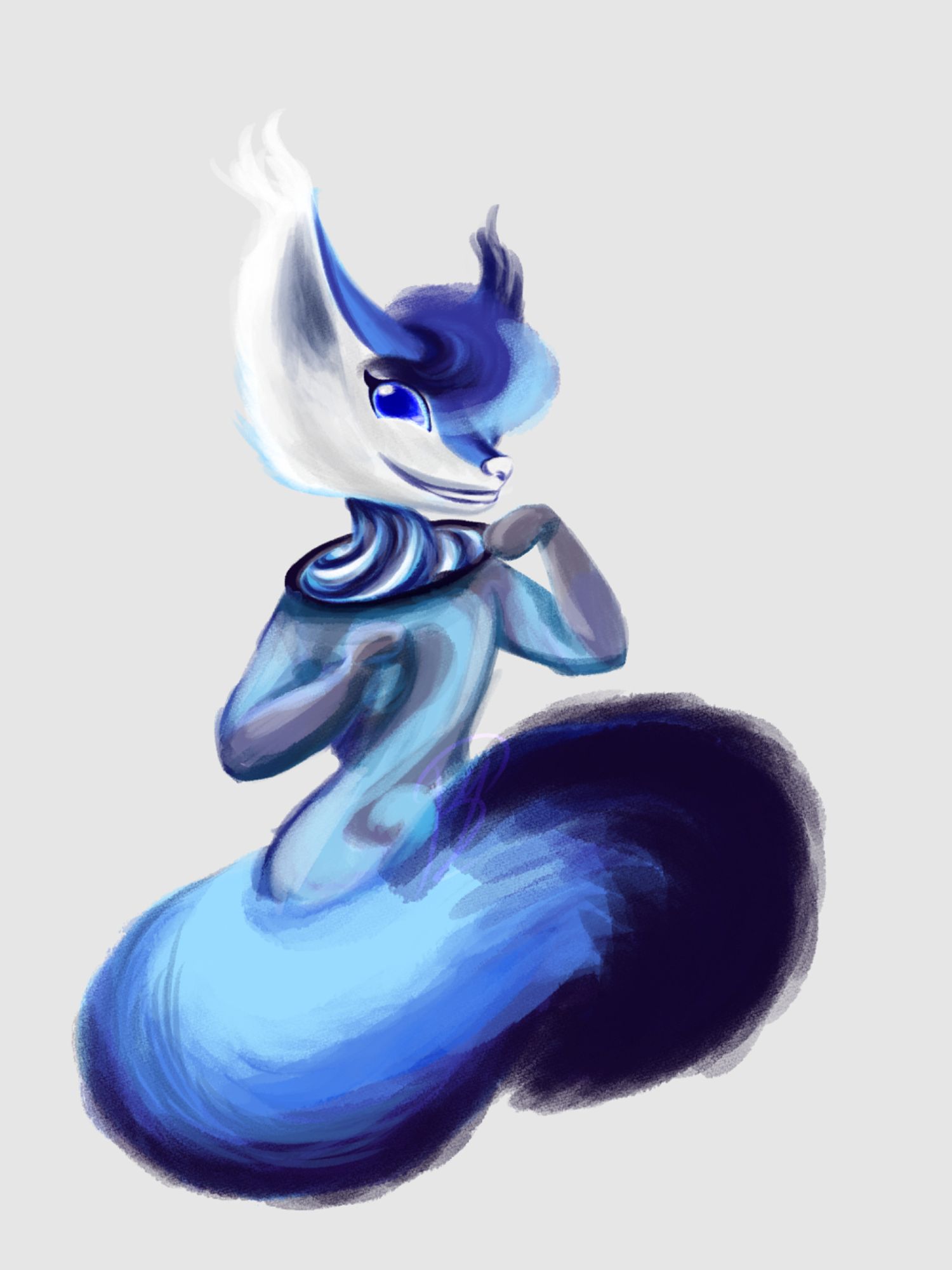 a digital drawing of Neb U Lei, a blue fox in a spacesuit. they're posing against plain gray backdrop, showing off the white crescent mark on their face going from right ear to tip of the nose, new blue eye and lack of the usual black hole glass bead on the tail. they look happy.