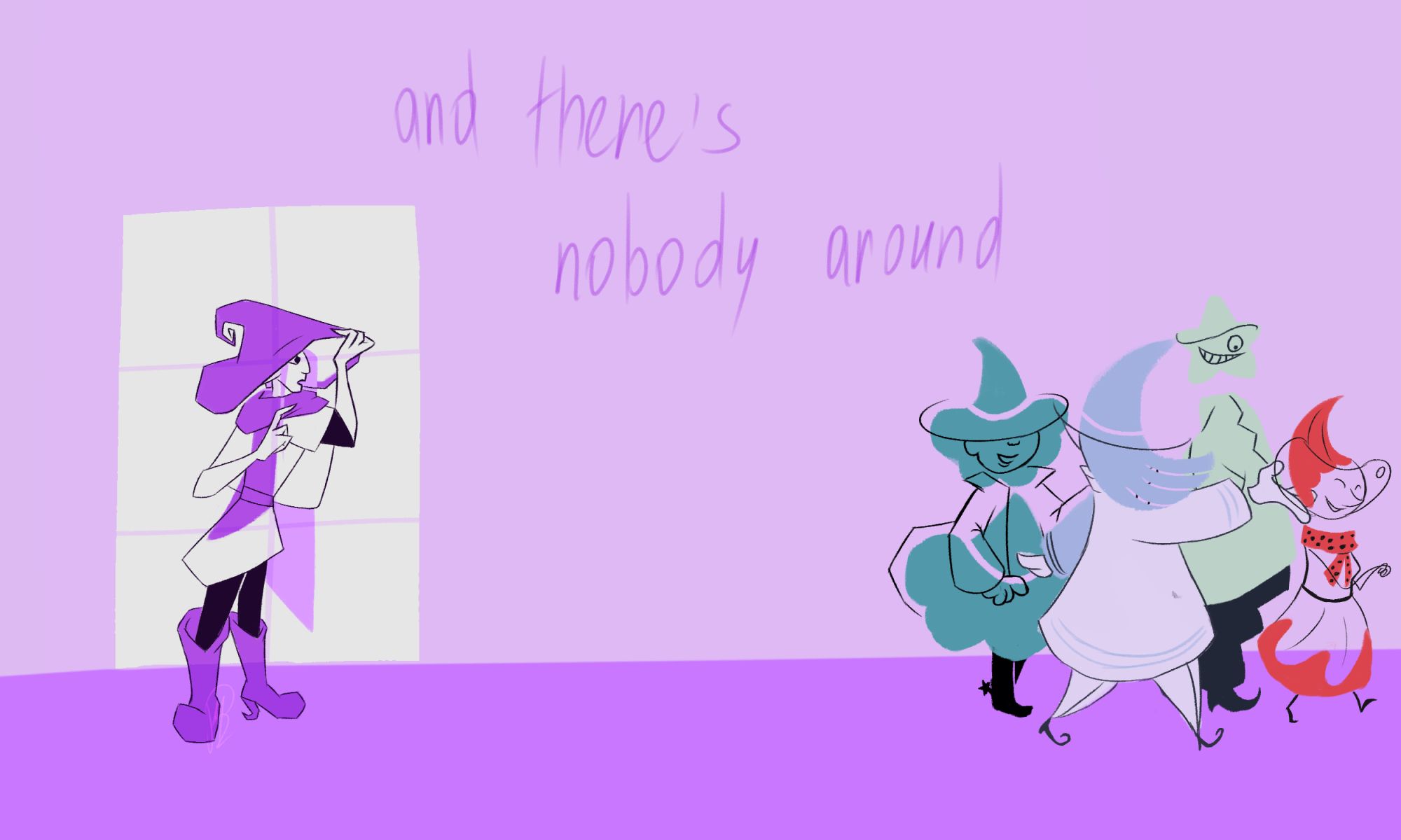 a digital comic panel in the style of UPA animation. four multicolored witches turn around and leave through the right side. Myca is left unnoticed, his expression changed to a surprised one. the background is a tad darker, and there's lines over "doorway" to indicate it being a "window" instead. a line between Myca and the witches spells "and there's nobody around"