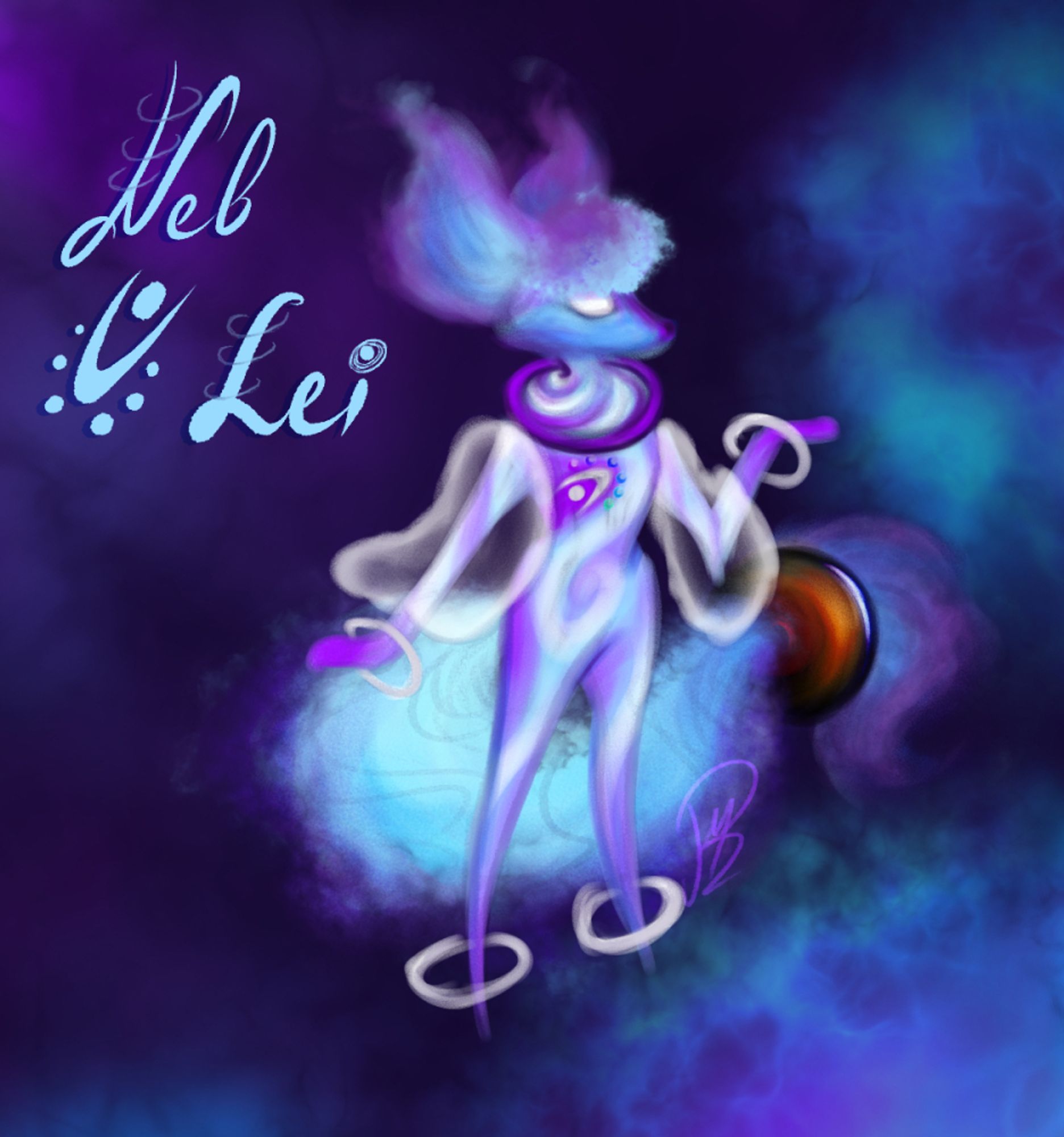 a digital drawing of a cartoony anthro fox labeled Neb U Lei. it appears to be made out of living nebula, with blueish-purple fur, white eyes and large gaseous tail. they're wearing something resembling a cross between astronaut suit and futuristic jumpsuit with puffy transparent sleeves. white floating rings are around its wrists and ankles. the tip of the tail is decorated with a large glass bead colored like black hole.