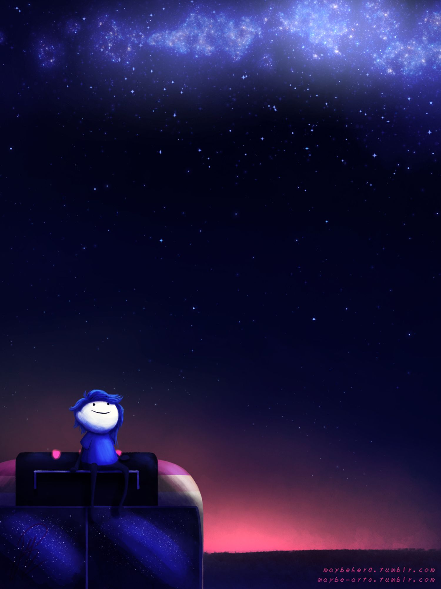 a digital drawing of a night in the american desert. Spiffy, a stick figure-ish creature, is sitting on top of a bus looking up at the night sky. the sky is full of stars, and the horizon is tinted pink with the approaching dawn.