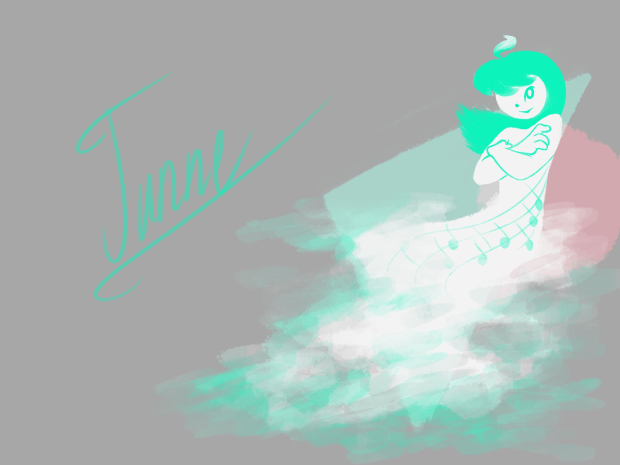 a digital drawing of a feminine white ghost against light-gray backdrop labeled "Tunne". she has teal long hair with front bangs and an ahoge shaped like the tail of 1/8th note. she wears no clothes, but she also lacks any features besides incomplete face (missing an eye). a music stave with notes is running down her side. she's floating with hands crossed, smirking at the viewer.