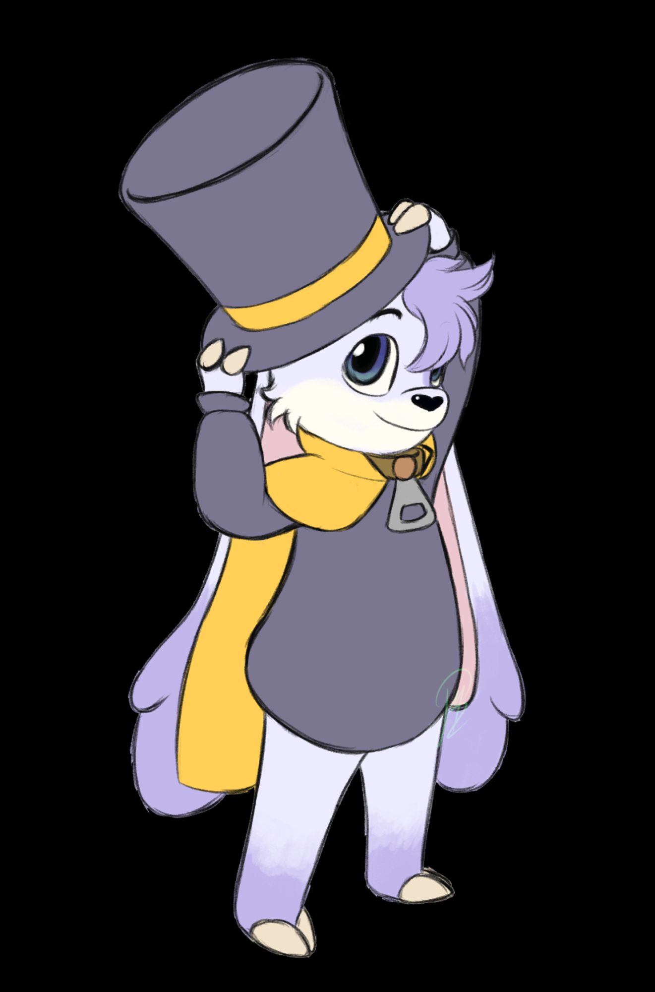 a digital drawing of Billie, lavender-gray anthro goat kid from Billie Bust Up. she's dressed as Hat Kid from A Hat in Time and is standing, fixing her hat on her horns.