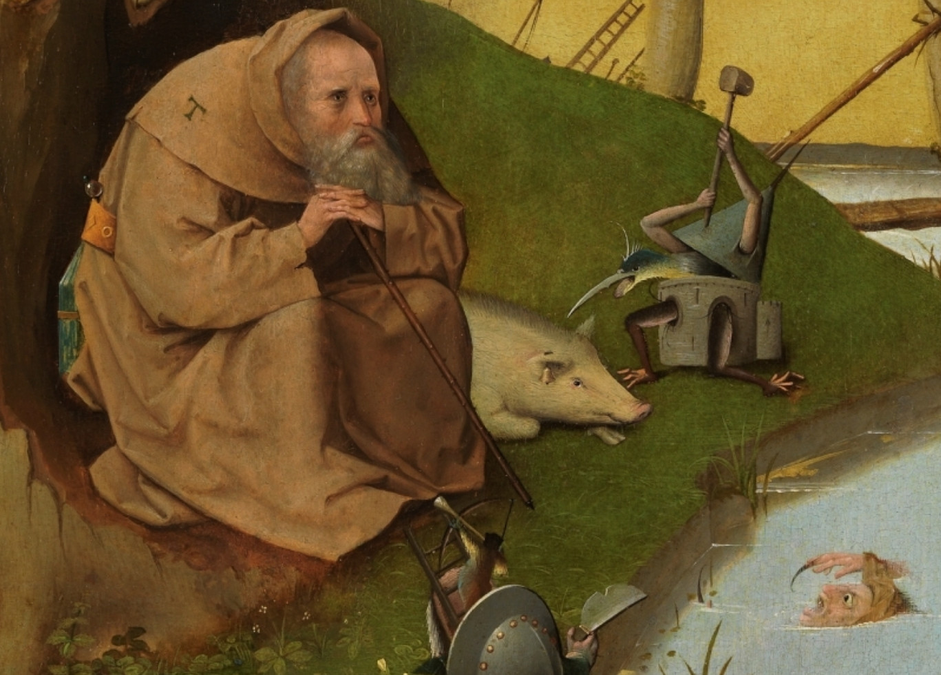 Part of The Temptations of Saint Anthony by Hieronymous Bosch, a pig is getting bonked by a birdfish that lives in a tiny castle and St. Tony is so tired of this shit