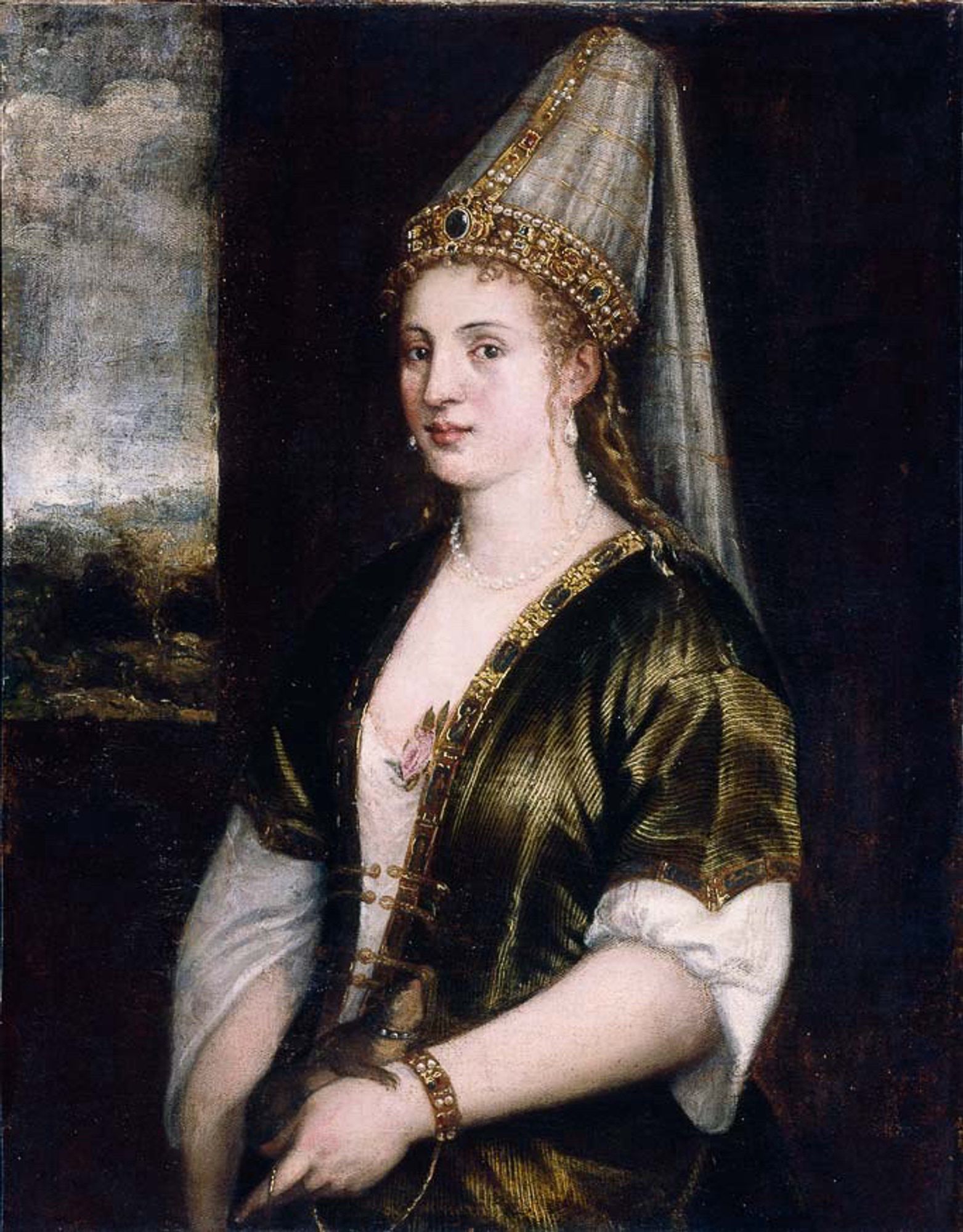 A painting by Titian of a young fair-skinned woman wearing a cone-shaped hat and an olive green gown.