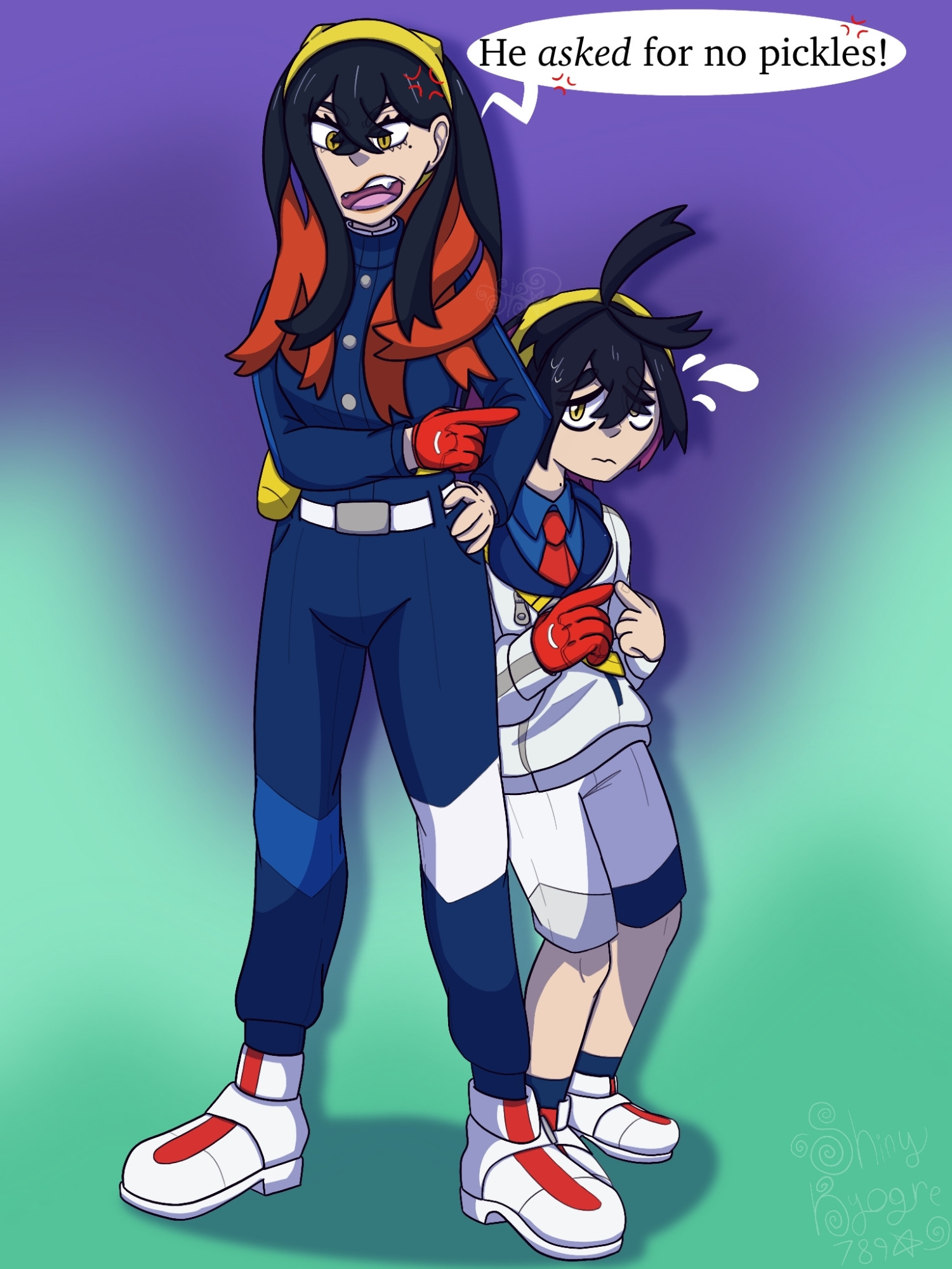 Carmine from Pokemon is pointing towards her little brother Kieran and shouting at the camera "He asked for no pickles!" While looking angry. Kieran is practically hiding behind her and nervous about the confrontation.