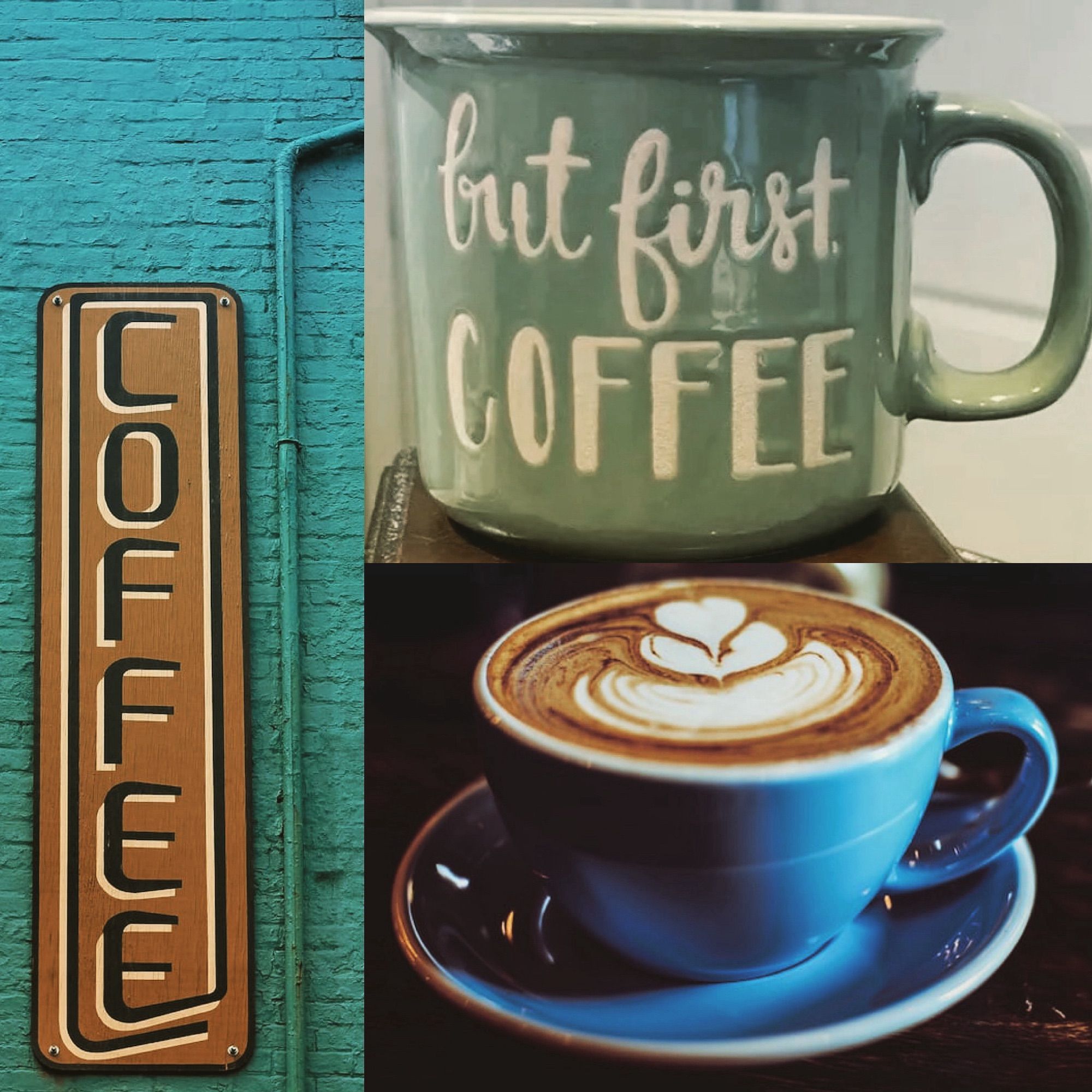 A green “but first coffee” cup and another cup showing pretty latte art.