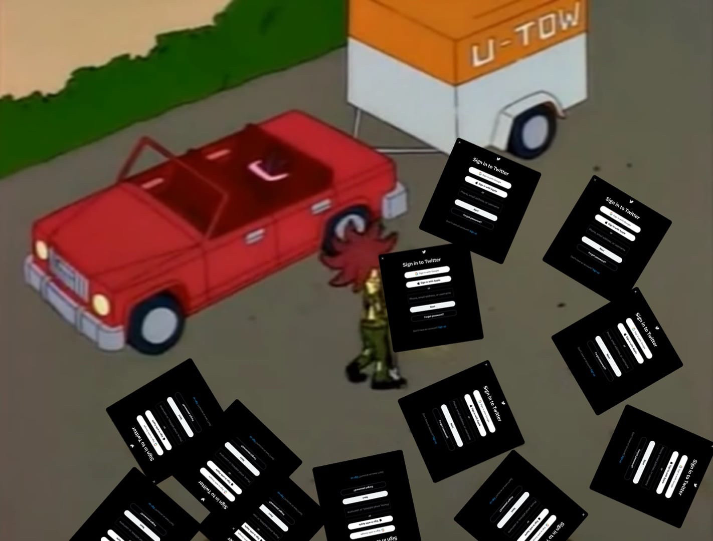 Wide shot showing Sideshow Bob is surrounded by Twitter logins on the floor