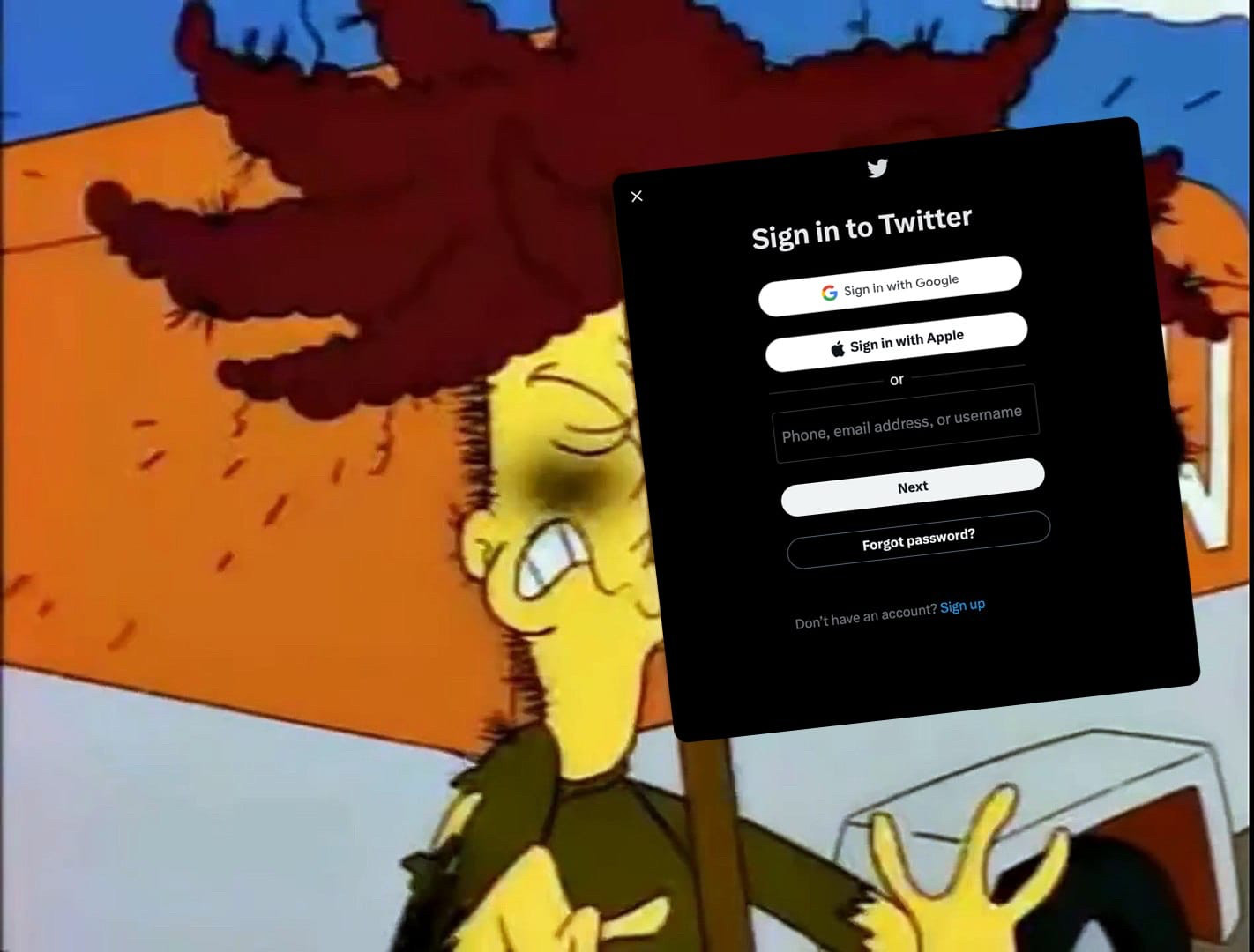 Sideshow Bob hitting his face on a Twitter login he stepped on