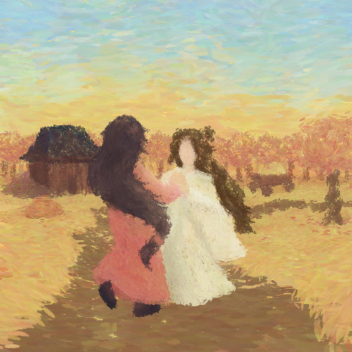 a digital painting in an impressionist or pointillist style. In the center is a full body view of hualian facing each other and holding hands. Xie Lian is facing us but his face is blank (because i don't like drawing faces). Hua Cheng is facing away from us, looking at him. They're on a dirt path leading to a small wooden house in the background. The background is filled with autumnal trees and the grass around the path is filled with orange dead leaves. The sky is a gradient of orange (close to the horizon) and light but vivid blue (at the top), suggesting a sunset or sunrise. There is the oxcart in the background.