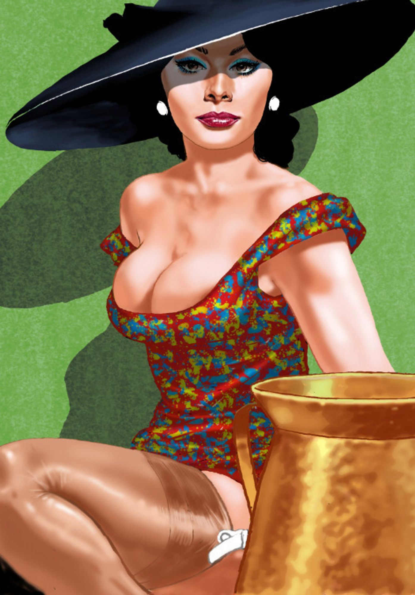 Portrait of the Italian actress with a big black hat, and in a sleeveless colorful top plus straps, sitting next to a jug