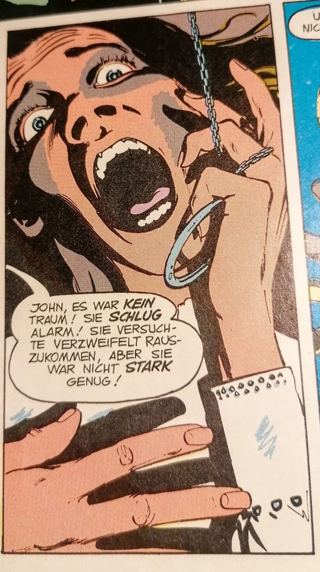 Panel aus einem Comic über eine lebendig begrabene Frau, die mit angstverzerrtem Gesicht und weitaufgerissenen Augen tot im Sarg aufgefunden wird, die Hand in den Notruf verkrallt: JOHN, ES WAR KEIN TRAUM! SIE SCHLUG ALARM, SIE VERSUCHTE VERZWEIFELT RAUSZUKOMMEN, ABER SIE WAR NICHT STARK GENUG!