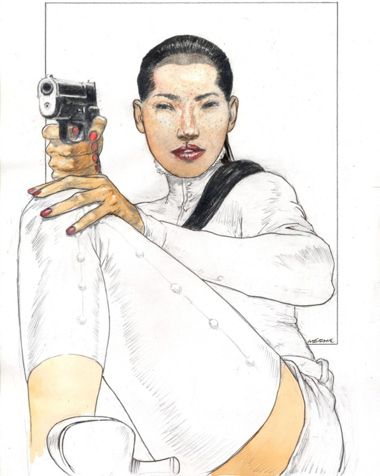 Drawing of a black-haired woman wearing a ponytail, pointing a gun at the viewer. Dressed comletely in white, top is long-sleeved and has a high collar, white hot pants with belt loops, plus button-up thigh high leg warmers and white pumps