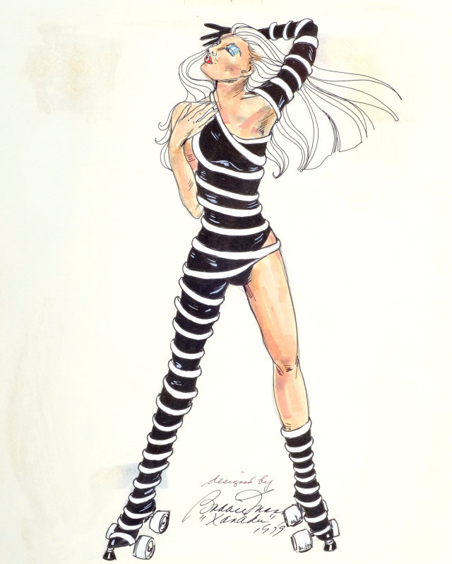 Colored drawing of a white-haired woman in a halfsie, which is 50% of a onesie, and means one arm and one leg diametrically opposed and bare. Said halfsie is patterned with white rings on black, also, the woman is wearing rollerskates