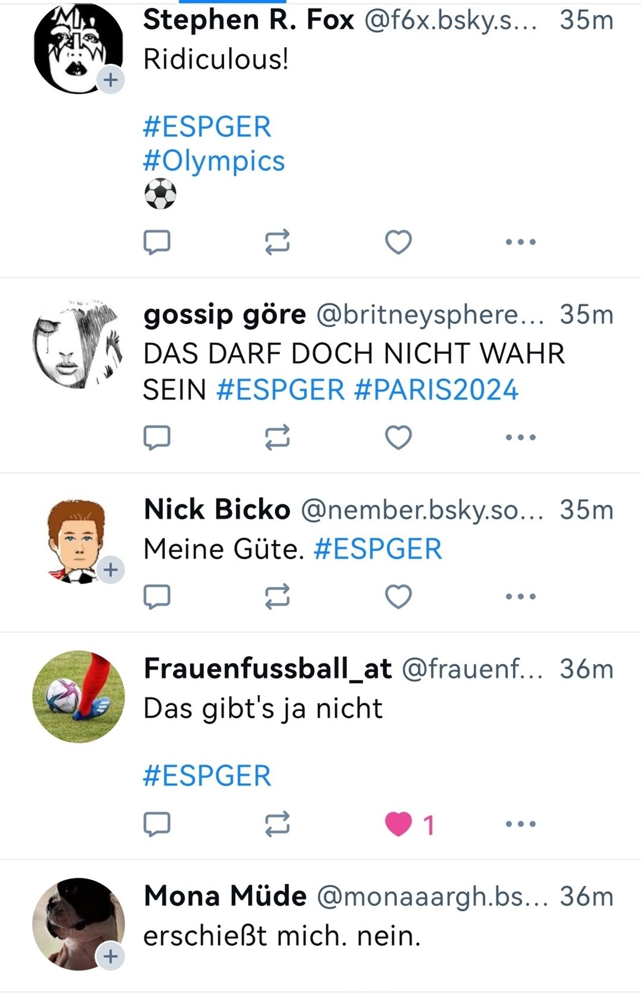 Verschiedene Beiträge auf bsky während #espger, alle geschockt wegen Elfmeter für Spanien kurz vor Spielende