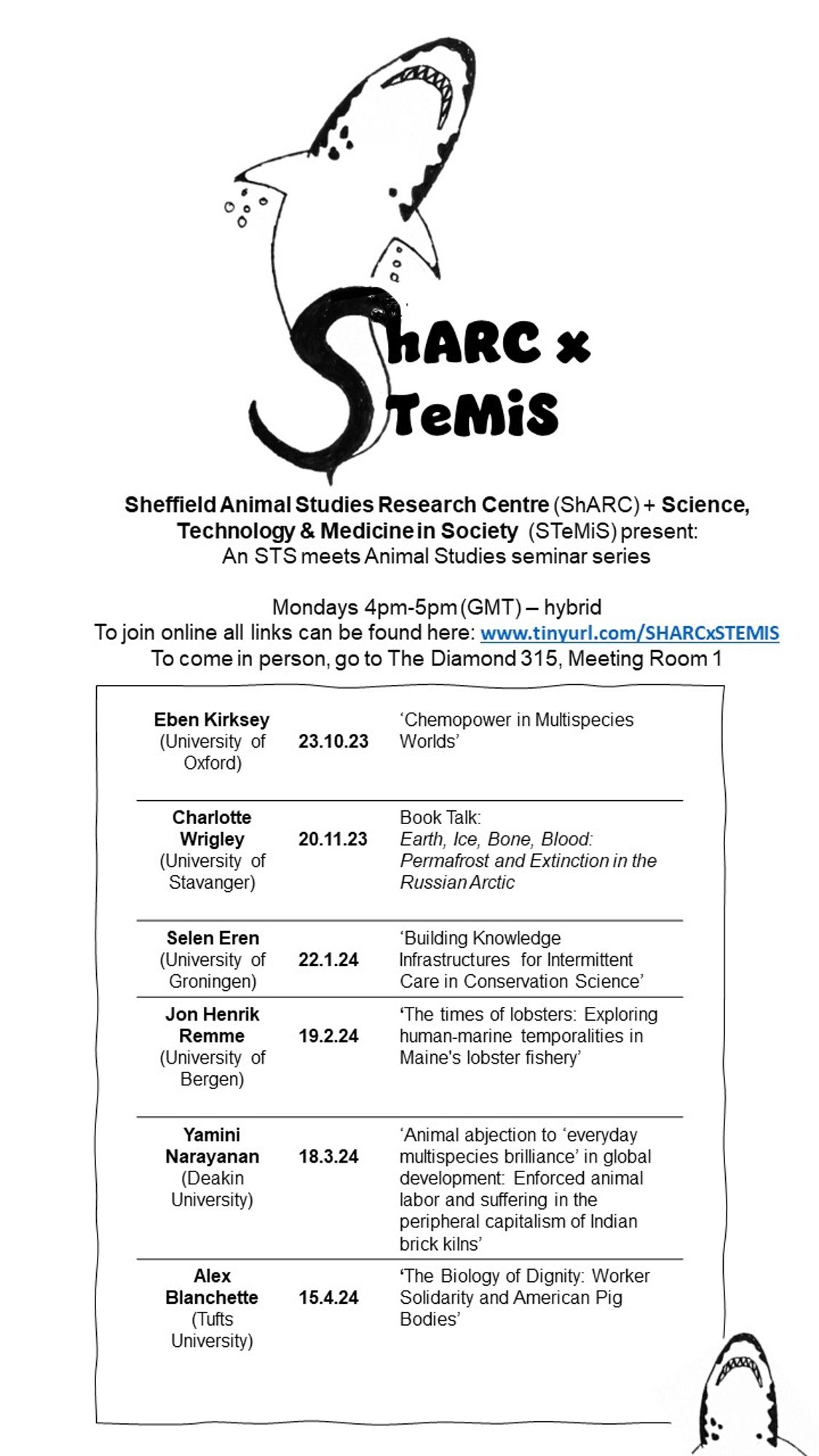 Poster of STS and animal studies seminar series, all information can also be accessed via the hyperlink in the main post.