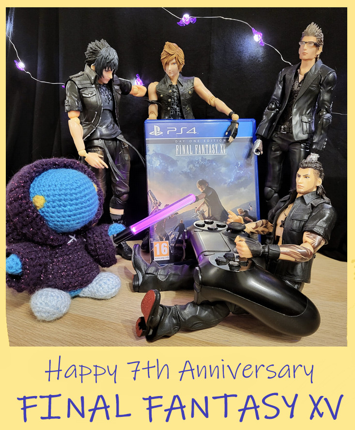 Four action figures and a crochet Master Tonberry posed around a Final Fantasy XV video game box and a DualShock4 controller