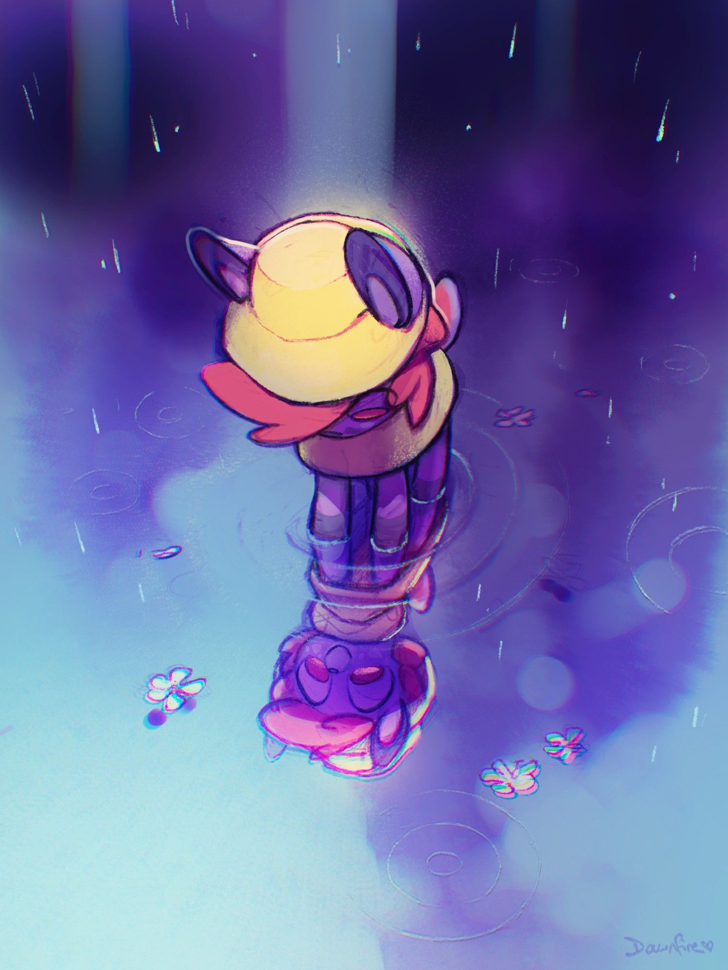 a little colorful deer fursona in a raincoat sees her reflection in a puddle