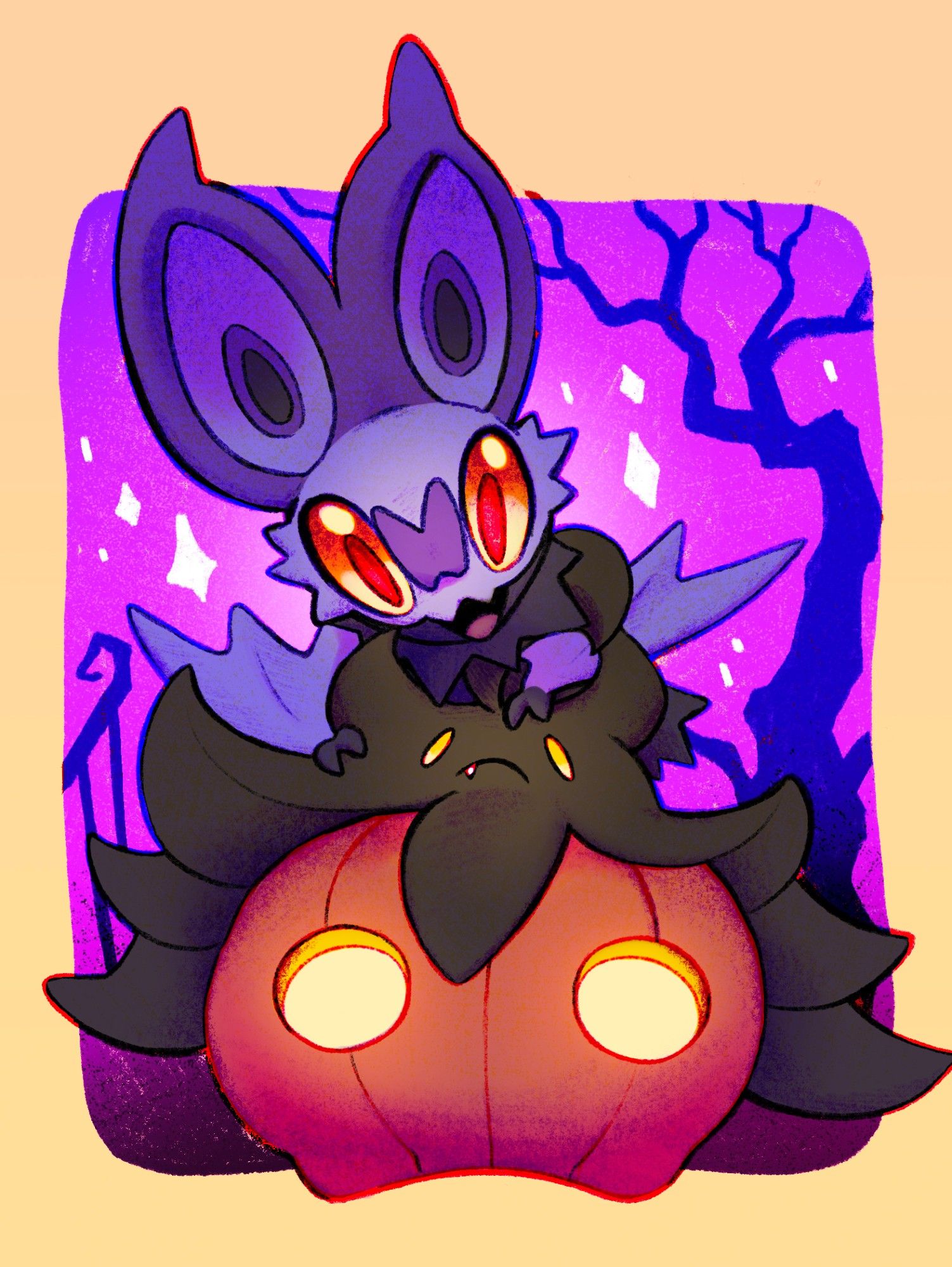 a happy noibat sits on top of a pumpkaboo in a drawing with saturated purples and blues