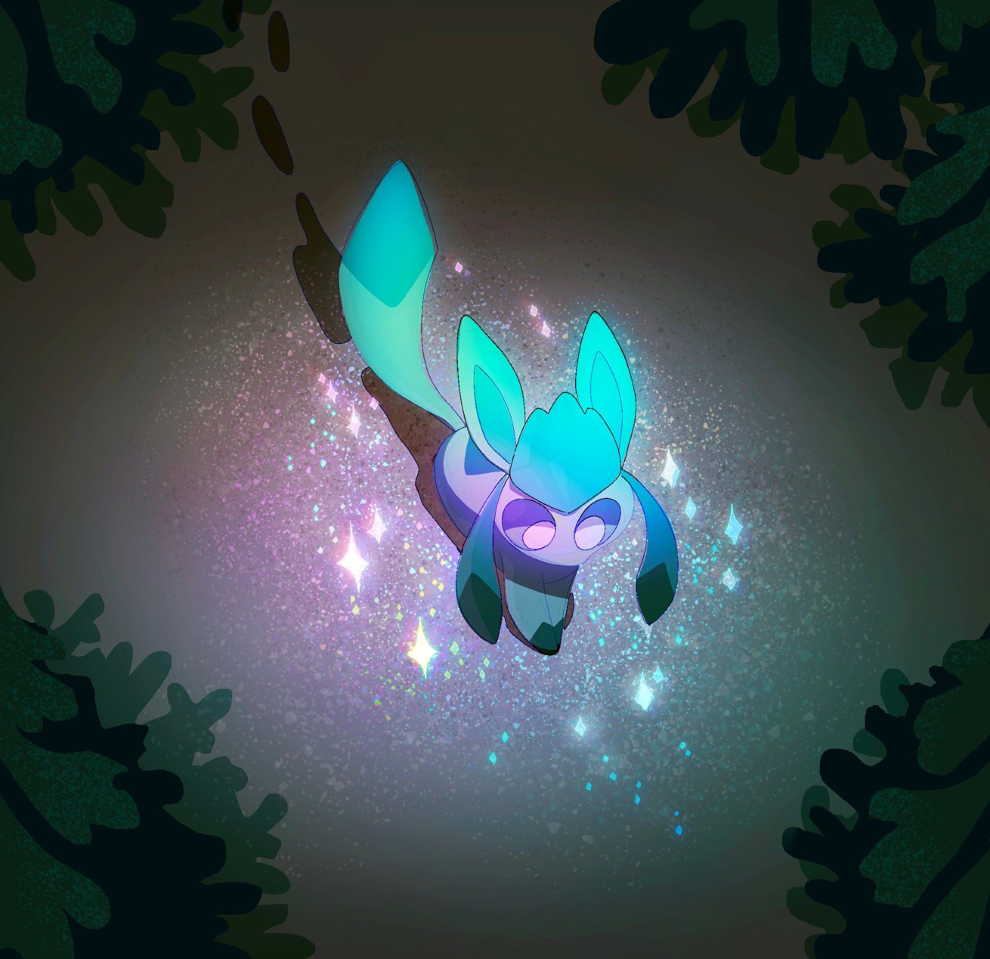 the pokemon Glaceon surrounded by glittering snow at night time.