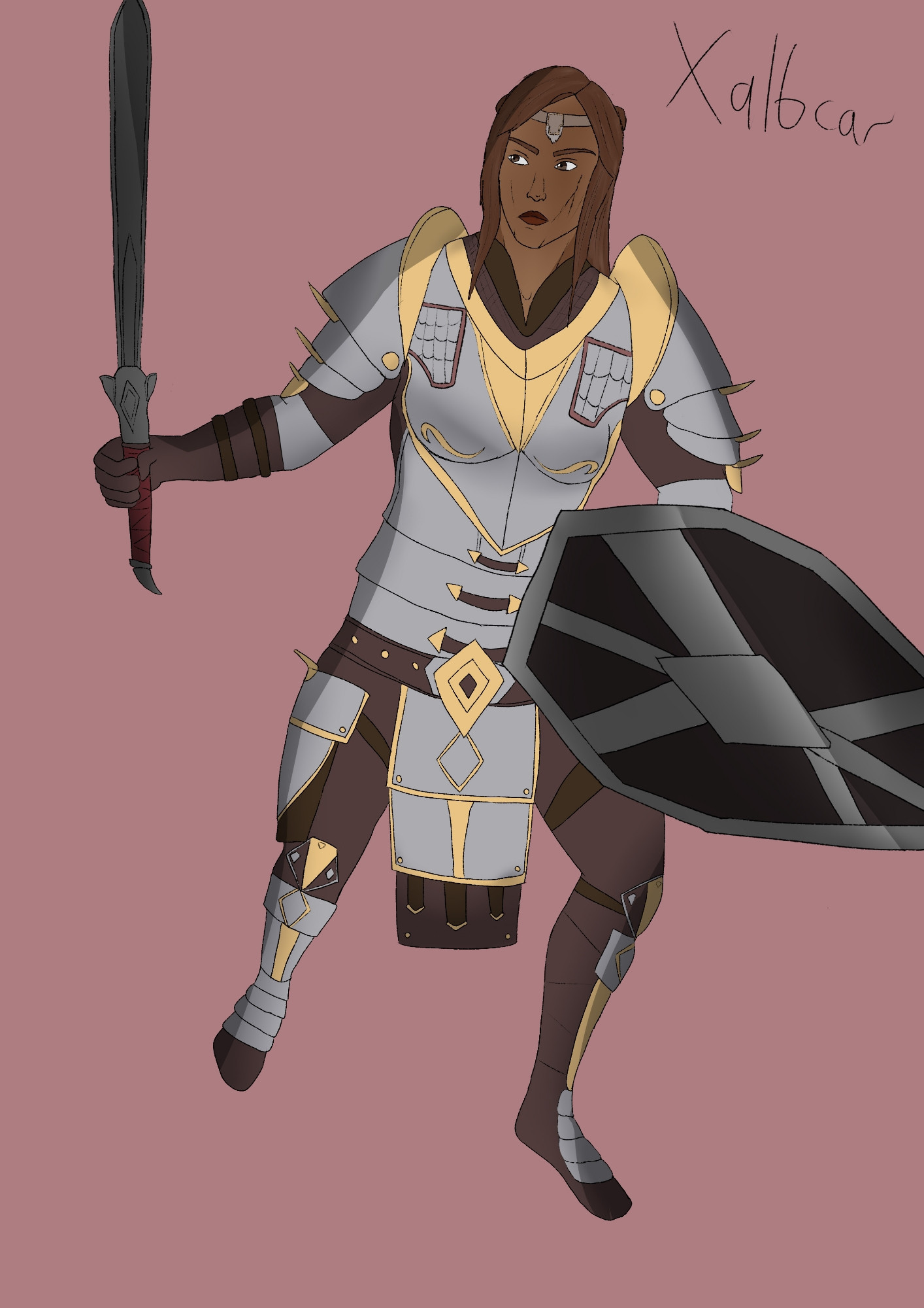 Drawing of my ESO imperial Millossia with armor and sword and a shield