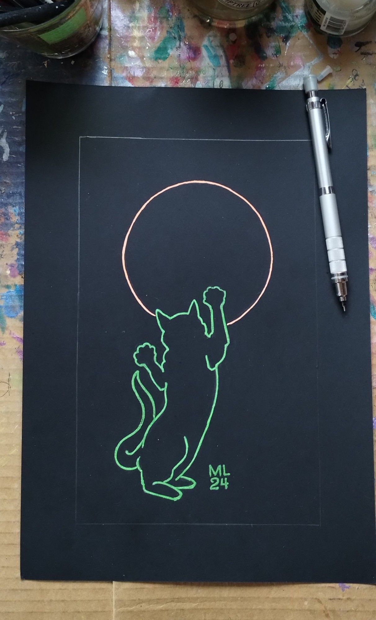 #myneoncat #myneoncatdancing #neoncat #cat #dancingcat #caturday #fun #blackcat #art #drawingcats #onelinedrawing #happycat
My NEON cat, drawn in one neon green line, stretching up to silhouette over neon outline orange disc, on black card w/1" graphite border.
Manifesting all good things 

ML
24

EXPECT
GREAT
THINGS 
✨Be kind always ✨