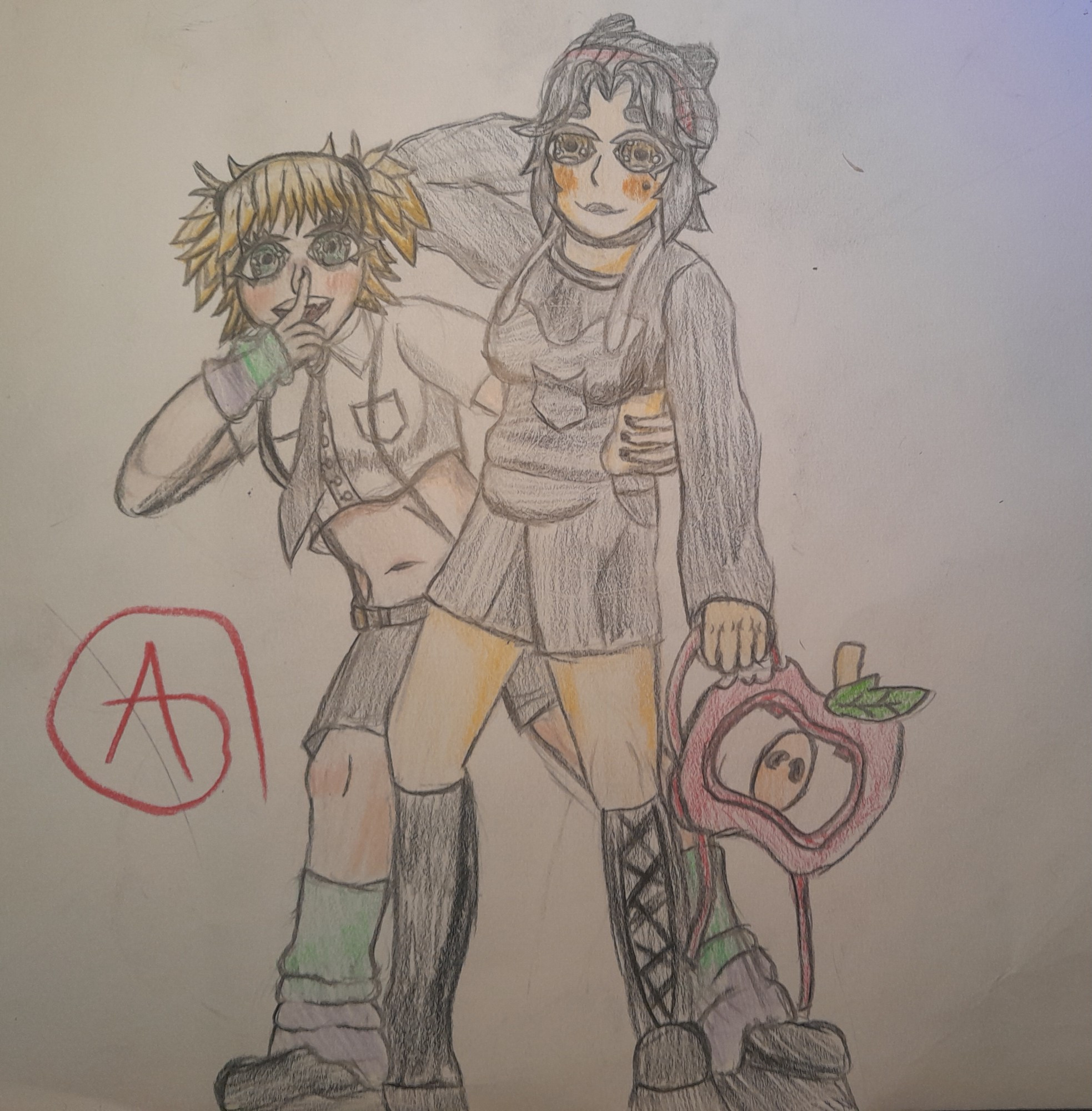 Art of my two OCs Gracie and Claire in cute outfits.
Gracie is wearing a cropped business shirt with suspenders and black shorts, with arm and leg warmers. 
Claire is wearing a cropped shirt with overalls on top and black laced boots, and THE Porter Robinson apple bag.
Gracie is holding onto Claire, they love eachother in a really really gay way and stuff.