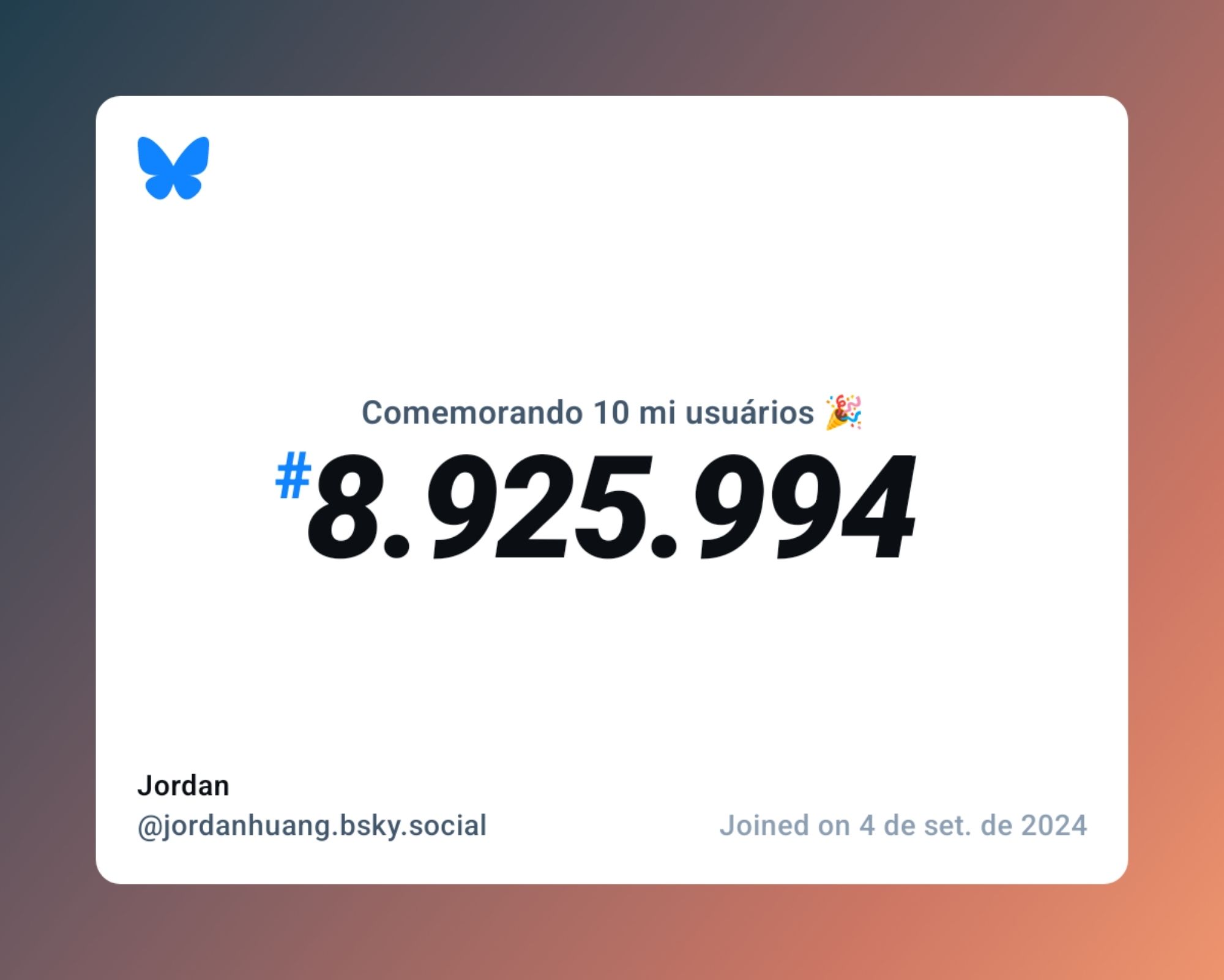 Um certificado virtual com o texto "Comemorando 10 milhões de usuários no Bluesky, #8.925.994, Jordan ‪@jordanhuang.bsky.social‬, ingressou em 4 de set. de 2024"