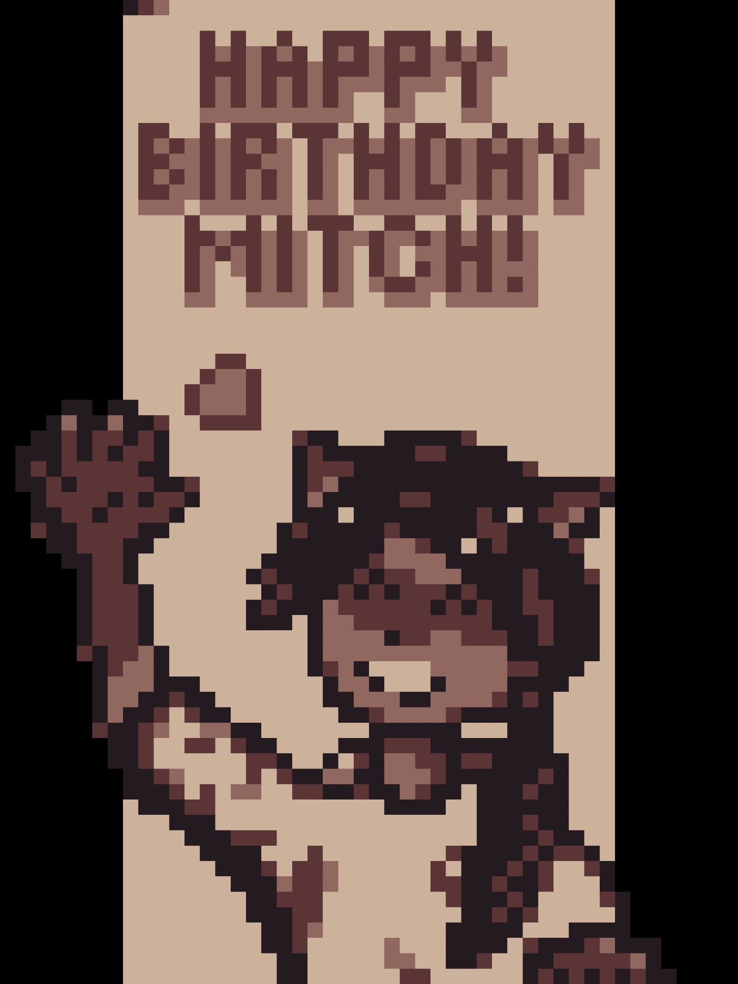 four-colour palette pixel art of Mitch the raccoon, "Happy birthday Mitch!"