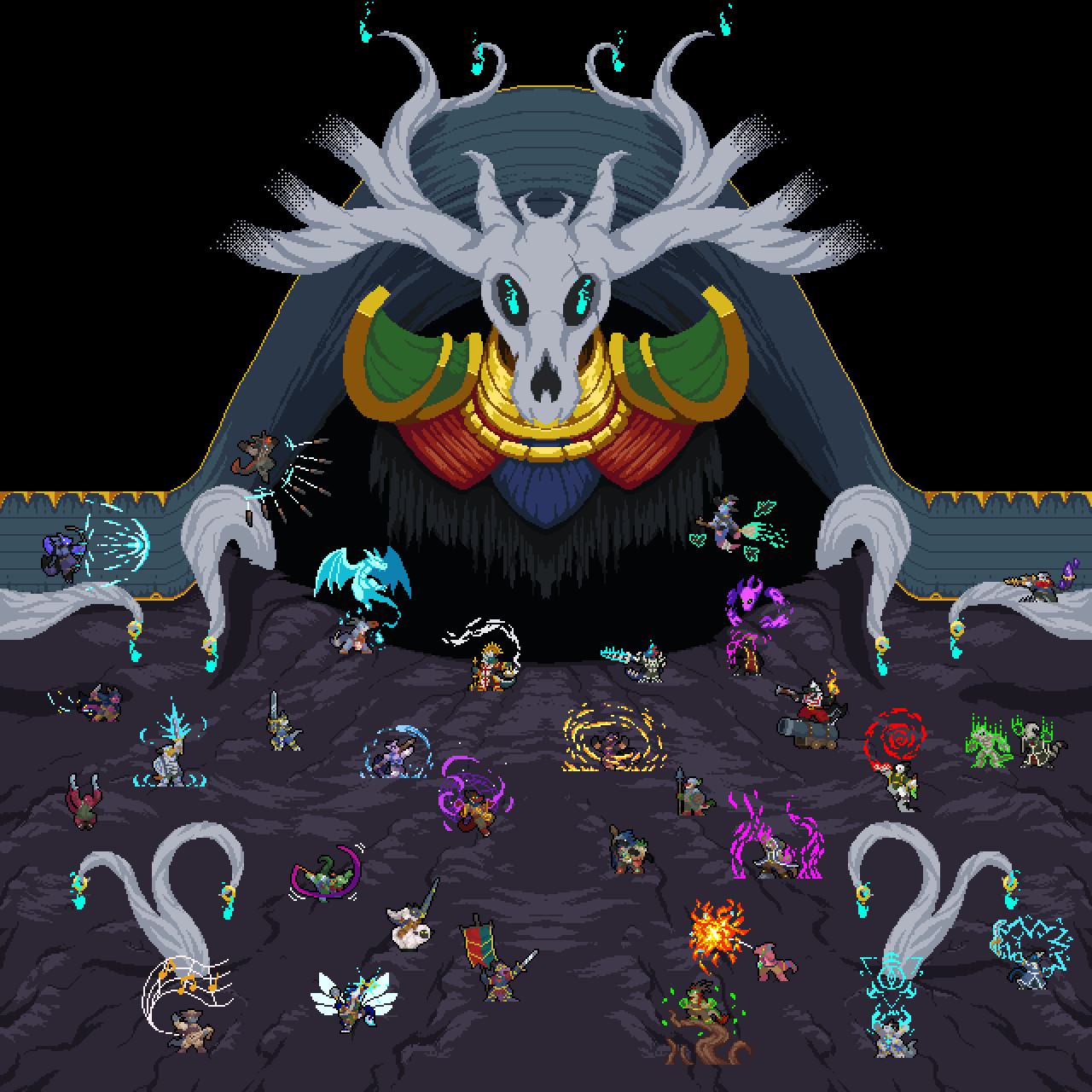 Pixel art map with 30 kobolds of different classes and a giant skull horned kobold goddess