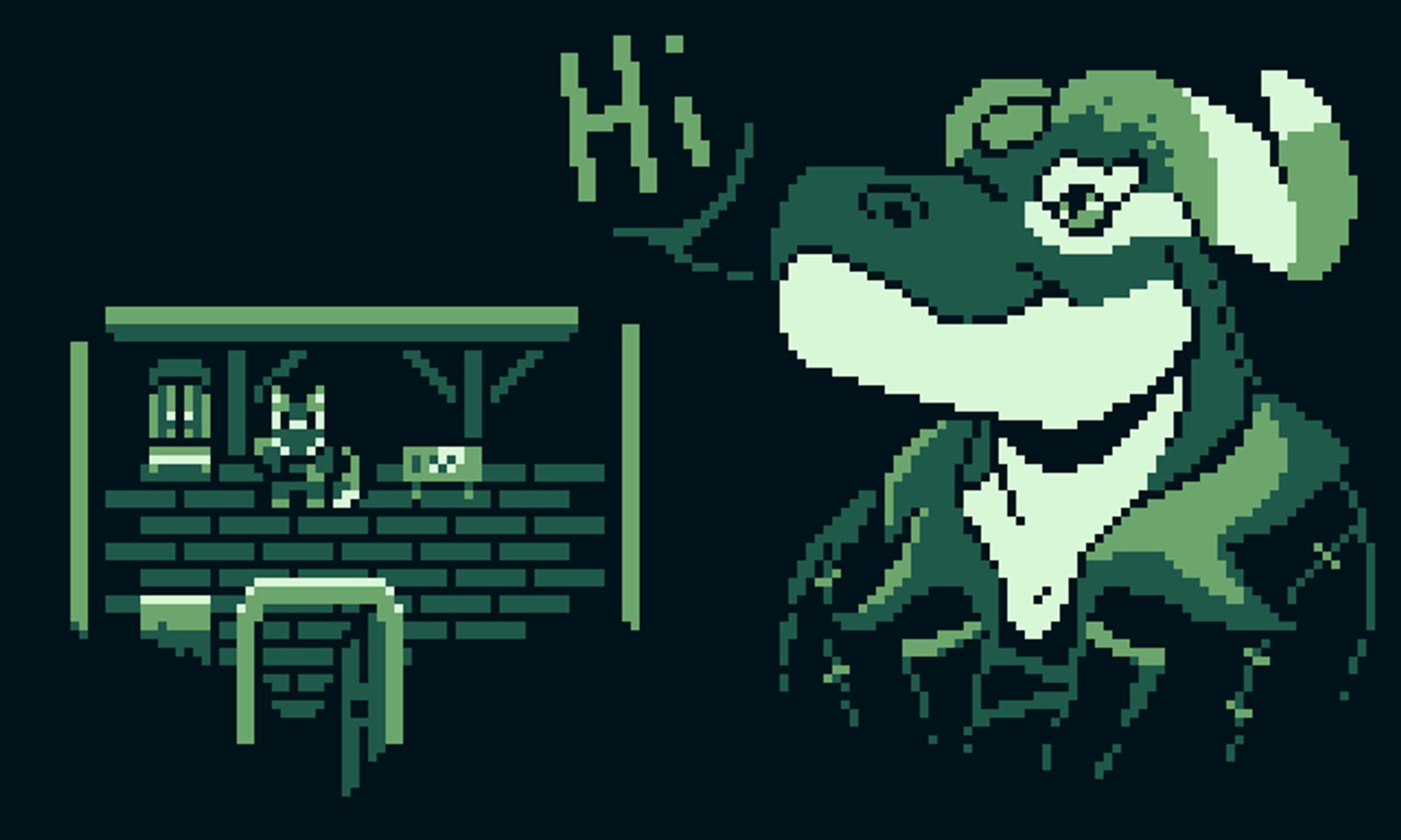 Pixel art in Gameboy palette, anthro dragon as a small sprite in a room and a bust pic of him saying hi