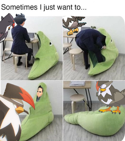 4 panel meme, the text reads sometimes I just want to. larry from pokemon scarvi sits at a computer then crawls into a metapod sleeping bag while staraptor watches